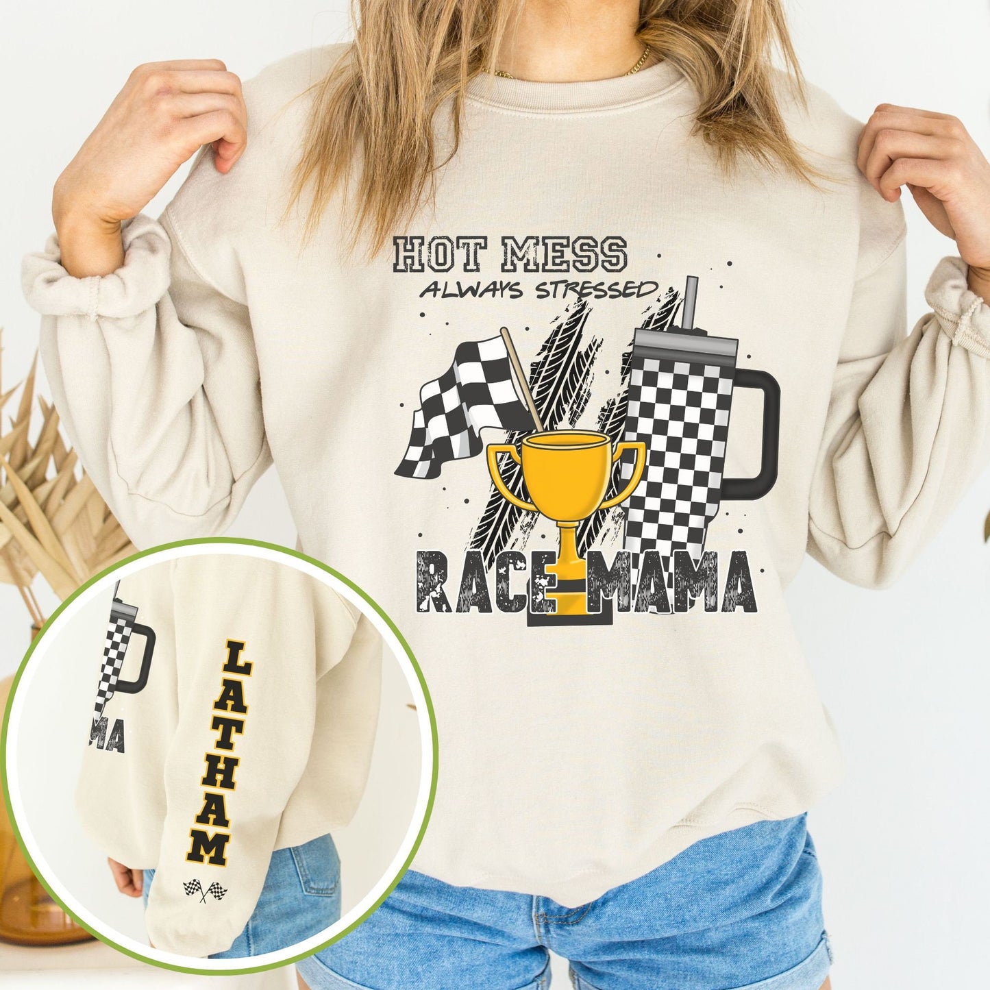 Personalized Racing Mama Hot Mess Always Stressed Sweatshirt