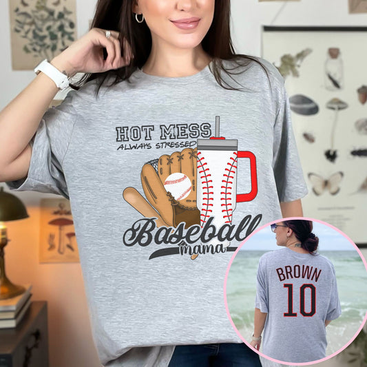 Personalized Baseball Mama Hot Mess Always Stressed Shirt