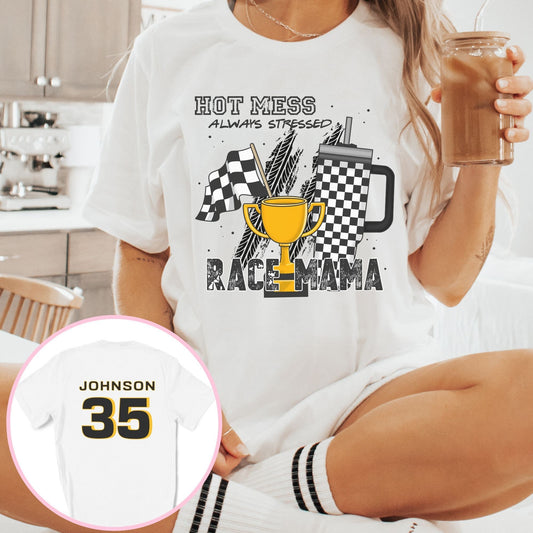 Personalized Hot Mess Racing Mama Shirt - Race Day Vibes and Motocross Motif