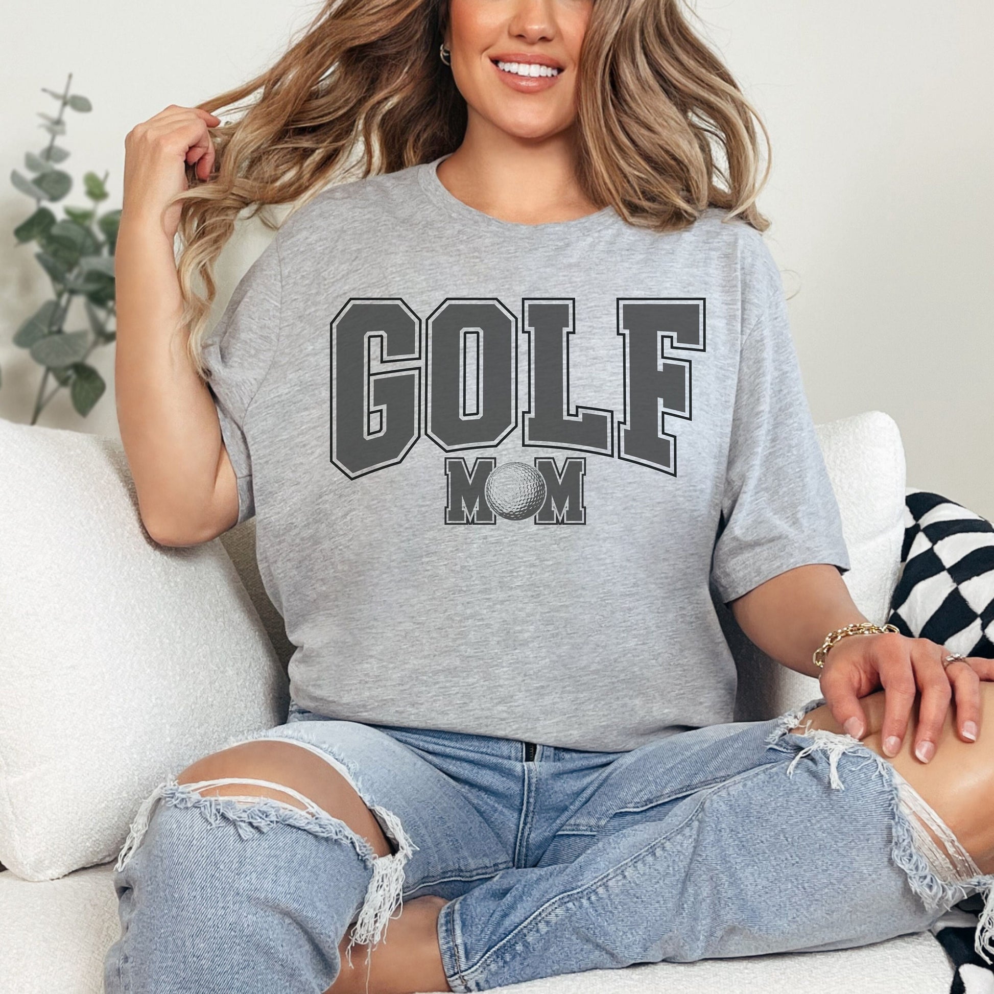 Golf Mom Sweatshirt in a varsity style font with the &quot;O&quot; in mom replaced with a golf ball.