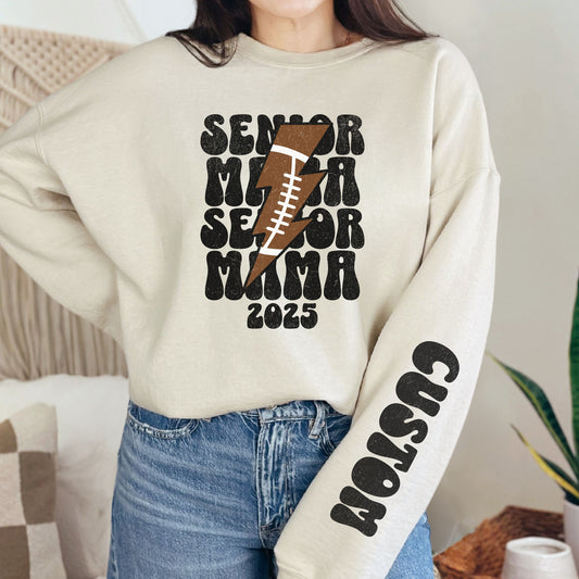 Retro Custom Senior Football Mom 2025 Sweatshirt With Name On Sleeve