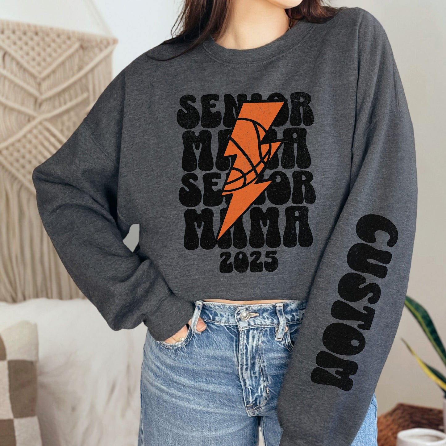 Retro Senior Mom Basketball Mama Shirt, Custom Sleeve Basketball Sweatshirt