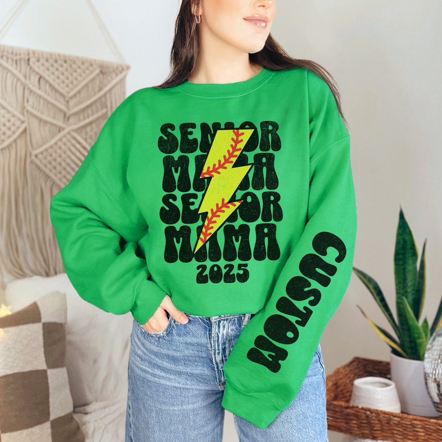 Retro Custom Senior Softball Mom 2025 Sweatshirt With Name On Sleeve