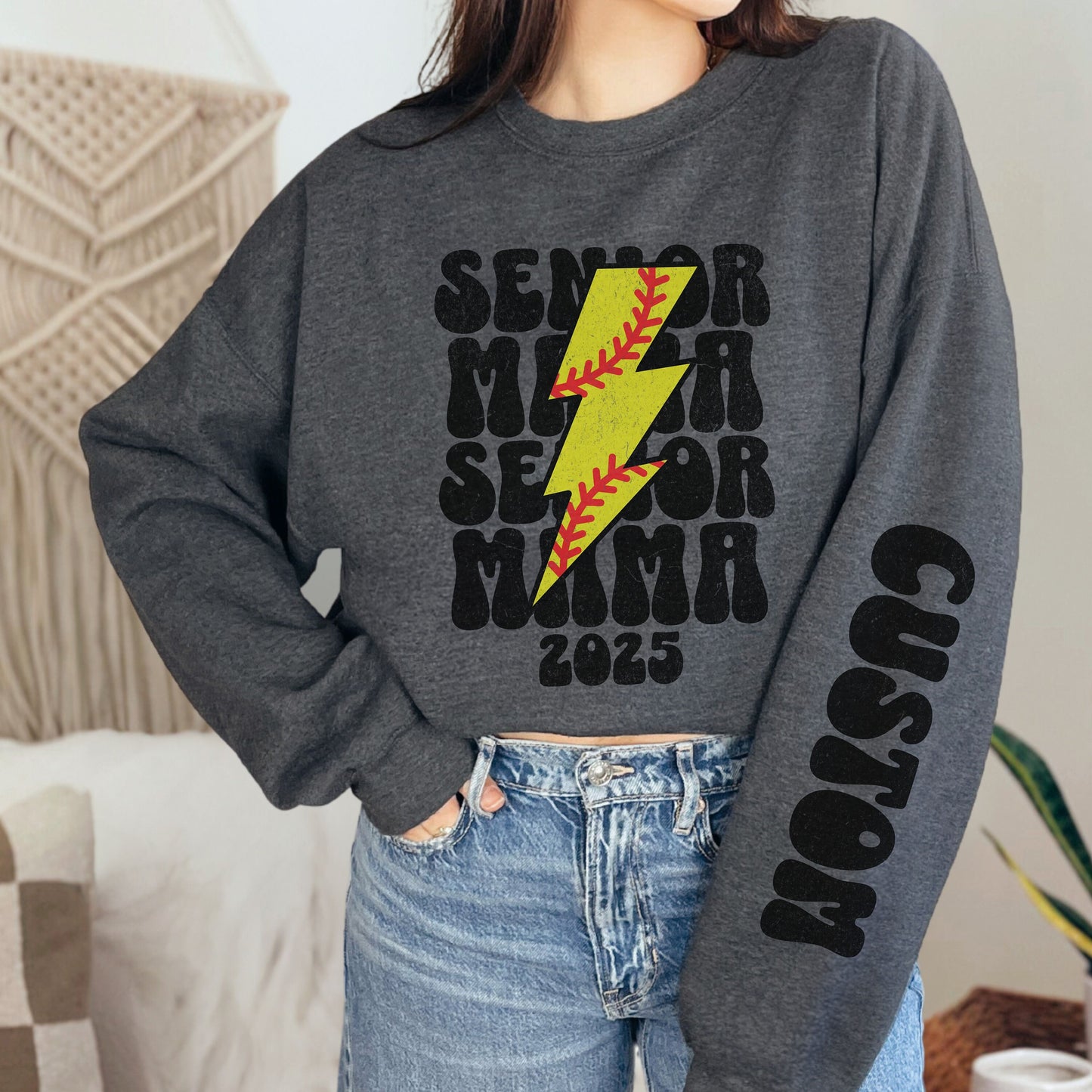 Retro Custom Senior Softball Mom 2025 Sweatshirt With Name On Sleeve