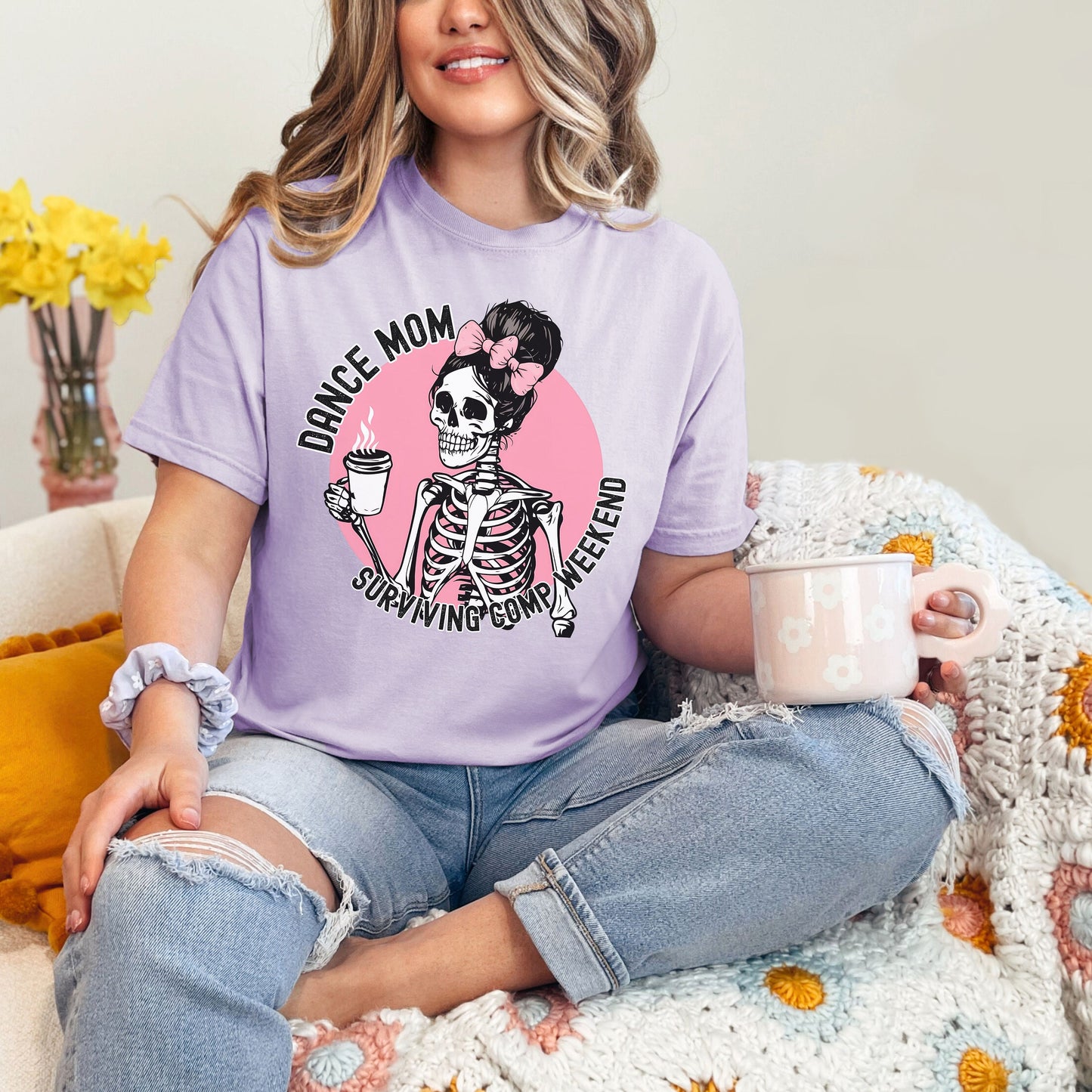 Comfort Colors Dance Mom Shirt - Retro Sunset Coquette Skeleton Pink