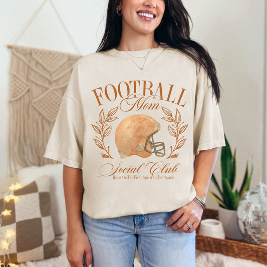 football mom social club comfort colors shirt (heart on the field, spirit in the stands)