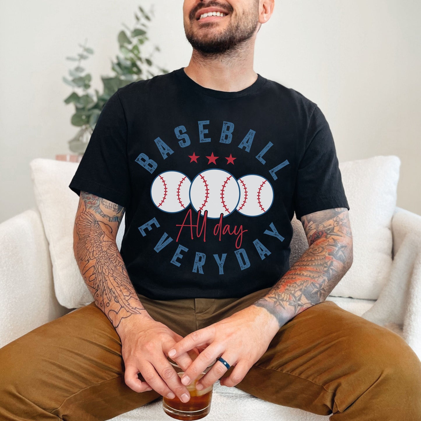 Baseball all-day everyday shirt with baseball graphics.