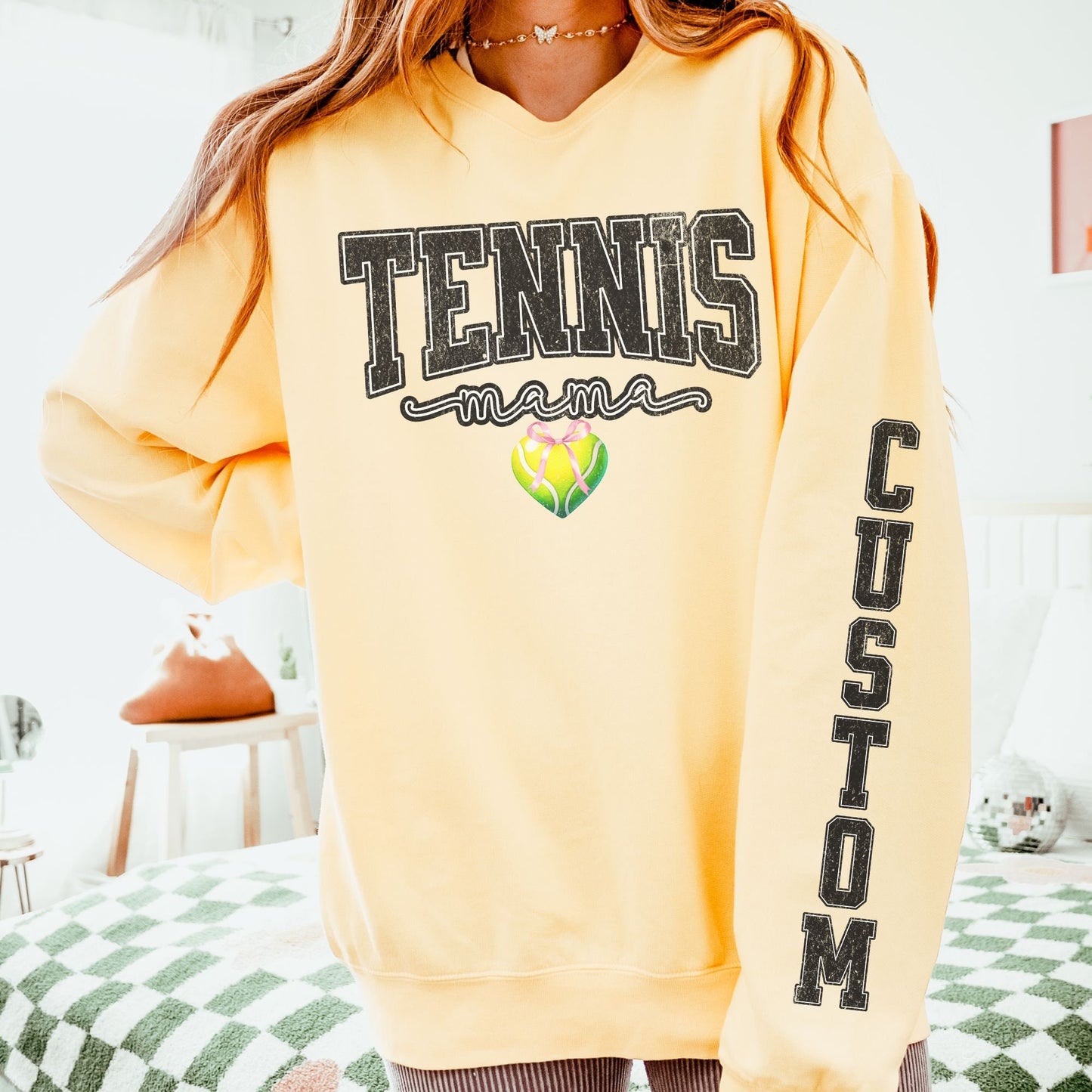 Coquette Custom Tennis Mom Sweatshirt With Kid Name On Sleeve