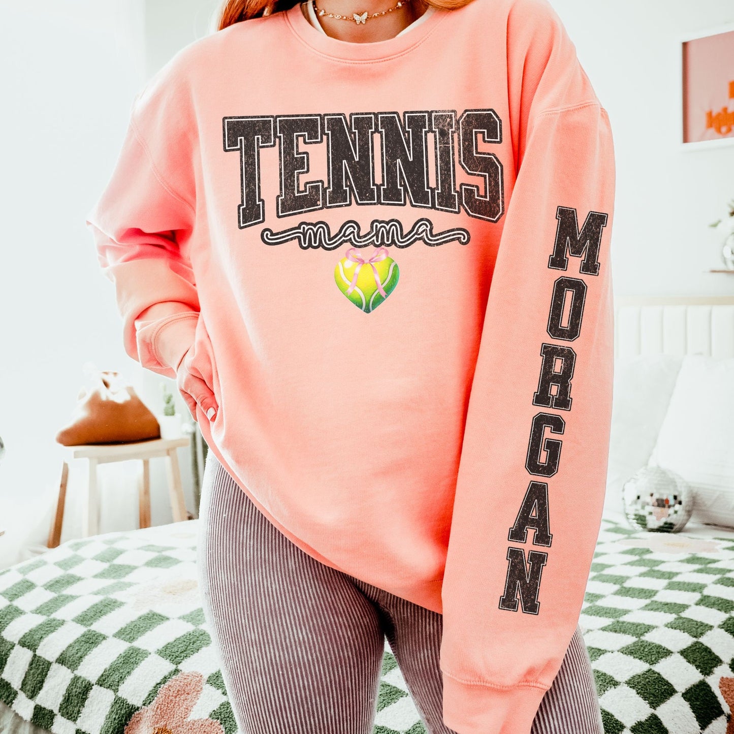 Coquette Custom Tennis Mom Sweatshirt With Kid Name On Sleeve