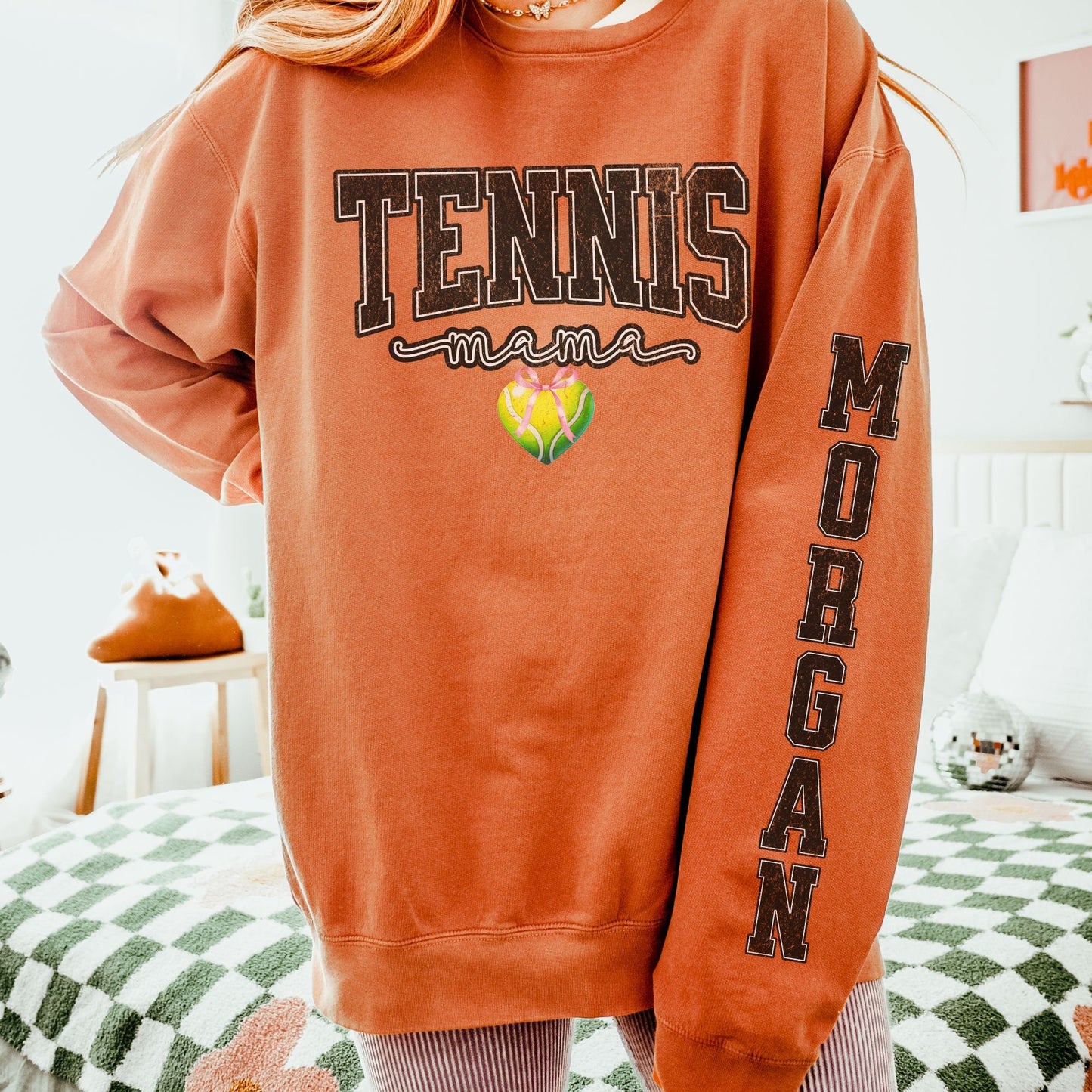 Coquette Custom Tennis Mom Sweatshirt With Kid Name On Sleeve