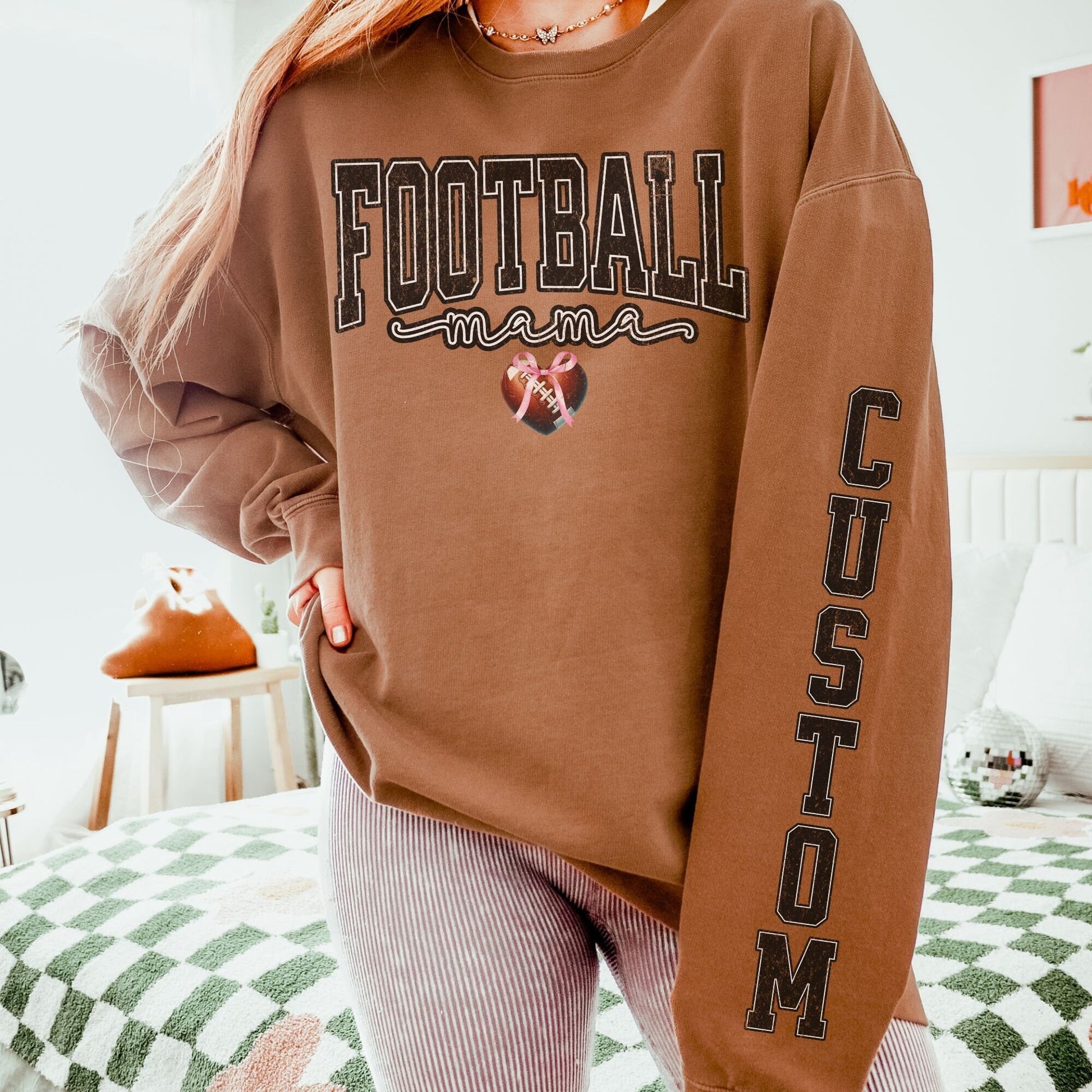 Coquette Varsity Style Retro Football Mama Custom Sleeve Print Comfort Colors Sweatshirt