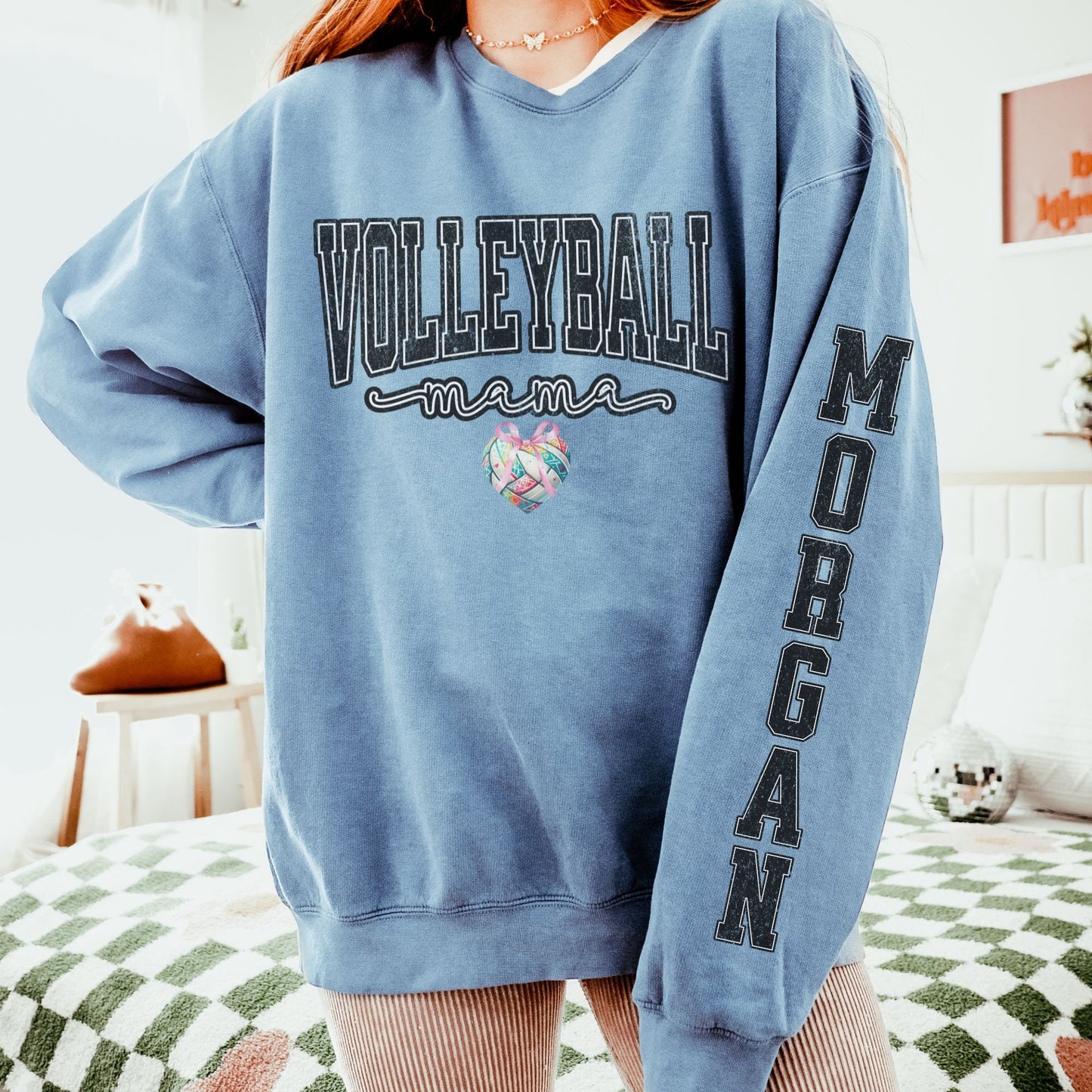 Coquette Varsity Style Retro Volleyball Mama Custom Sleeve Print Comfort Colors Sweatshirt