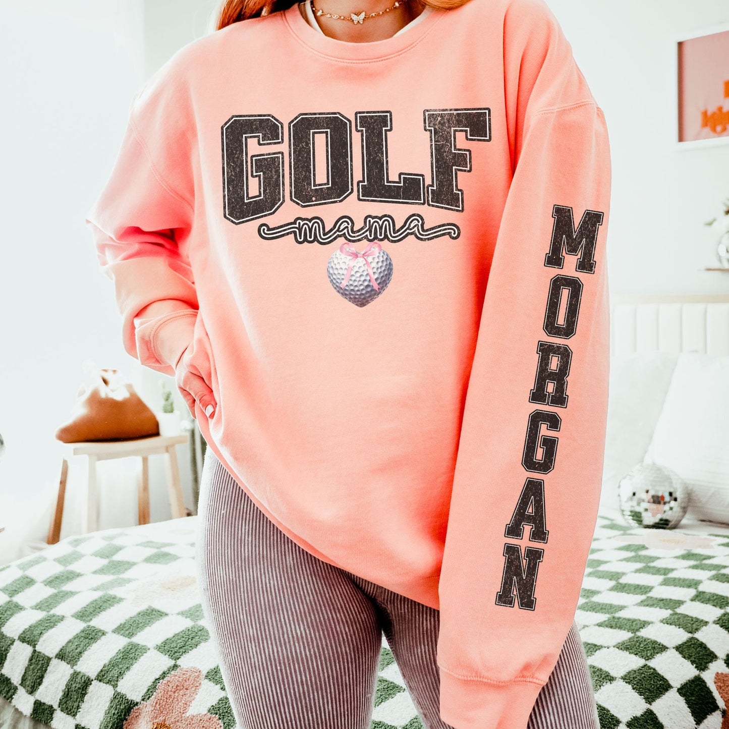 Coquette Custom Golf Mom Sweatshirt With Kid Name On Sleeve