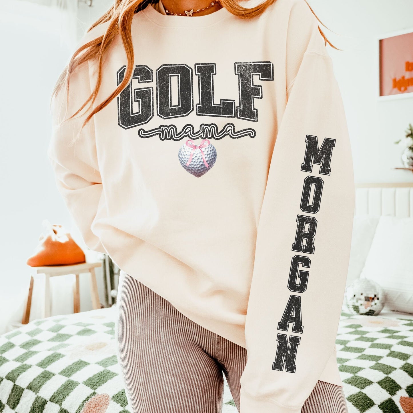 Coquette Custom Golf Mom Sweatshirt With Kid Name On Sleeve