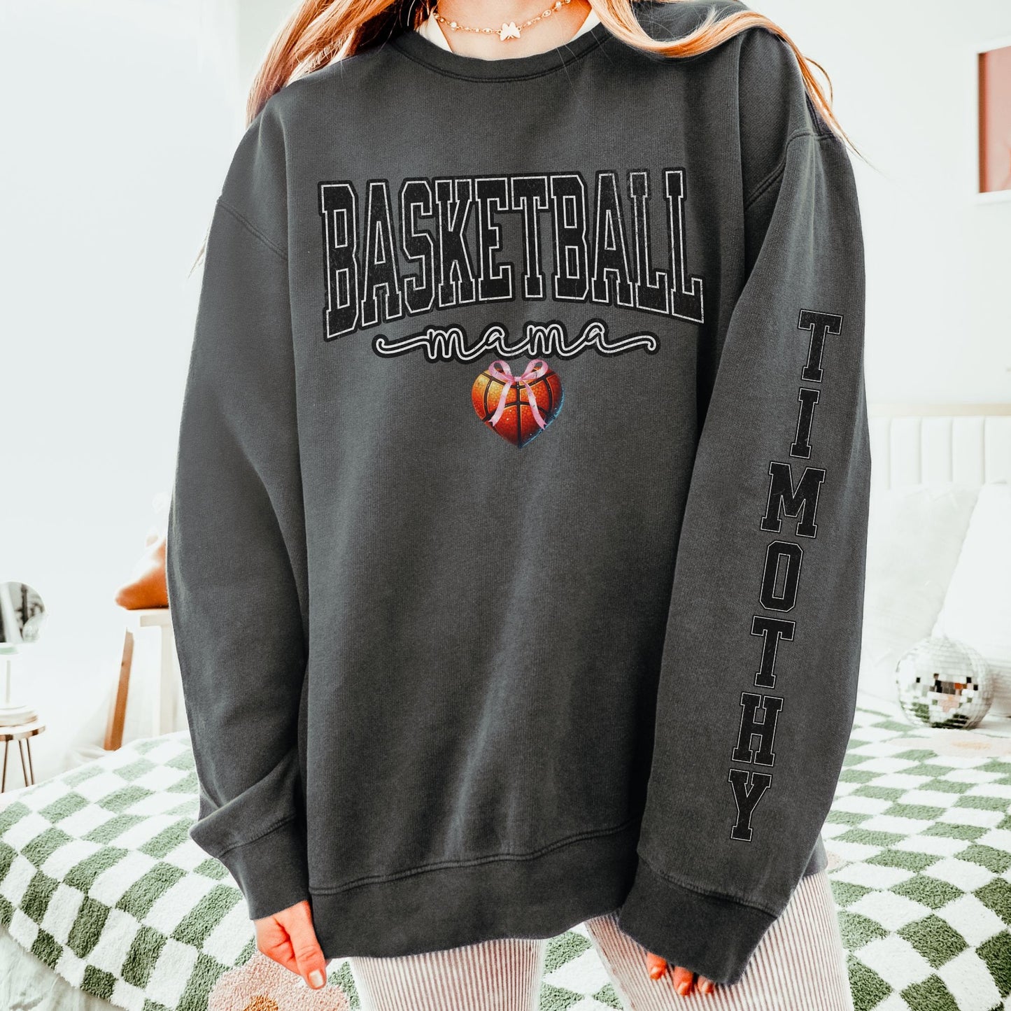 Coquette Custom Basketball Mom Sweatshirt With Kid Name On Sleeve