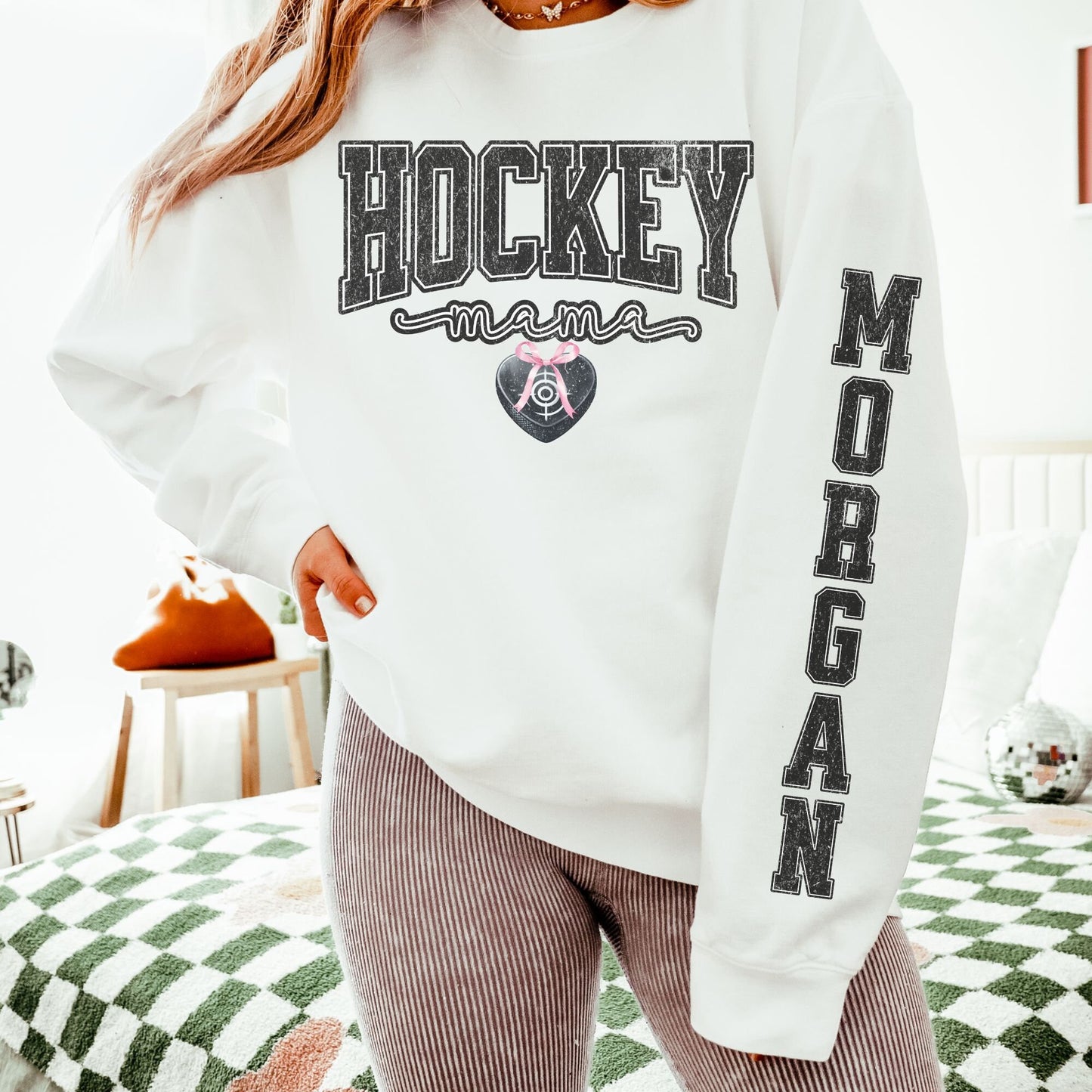 Coquette Custom Hockey Mom Sweatshirt With Kid Name On Sleeve