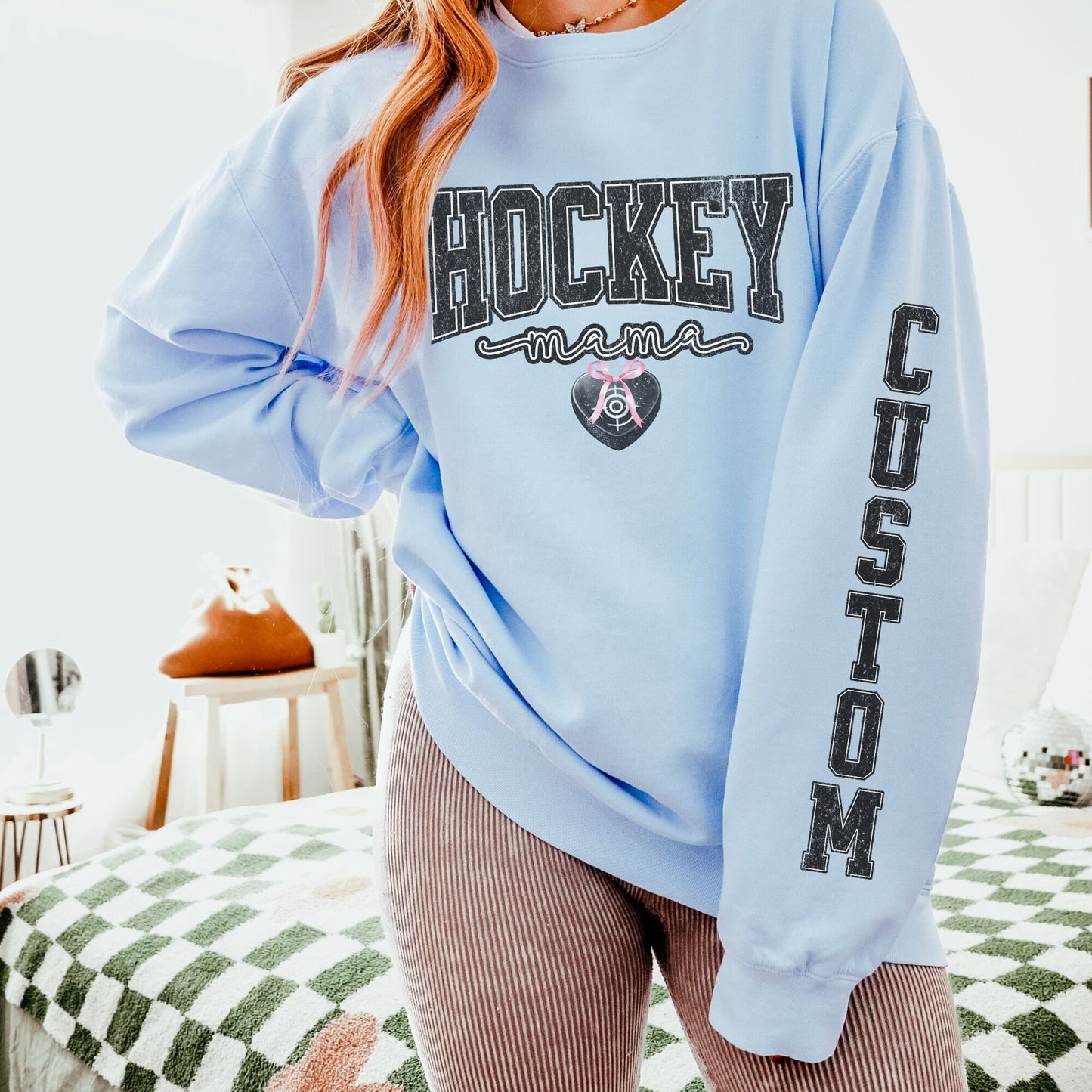 Coquette Custom Hockey Mom Sweatshirt With Kid Name On Sleeve