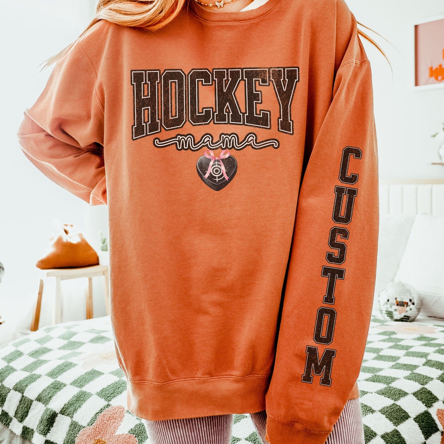 Coquette Custom Hockey Mom Sweatshirt With Kid Name On Sleeve