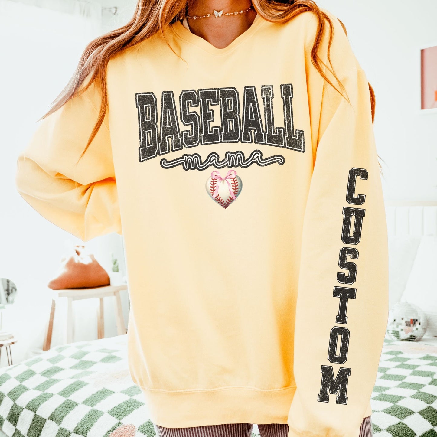 Coquette Custom Baseball Mom Sweatshirt With Kid Name On Sleeve