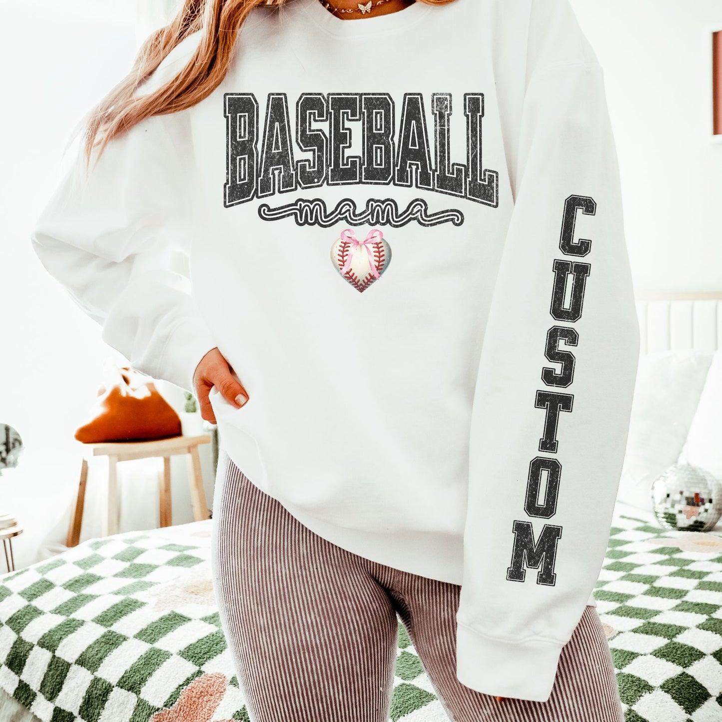 Coquette Custom Baseball Mom Sweatshirt With Kid Name On Sleeve