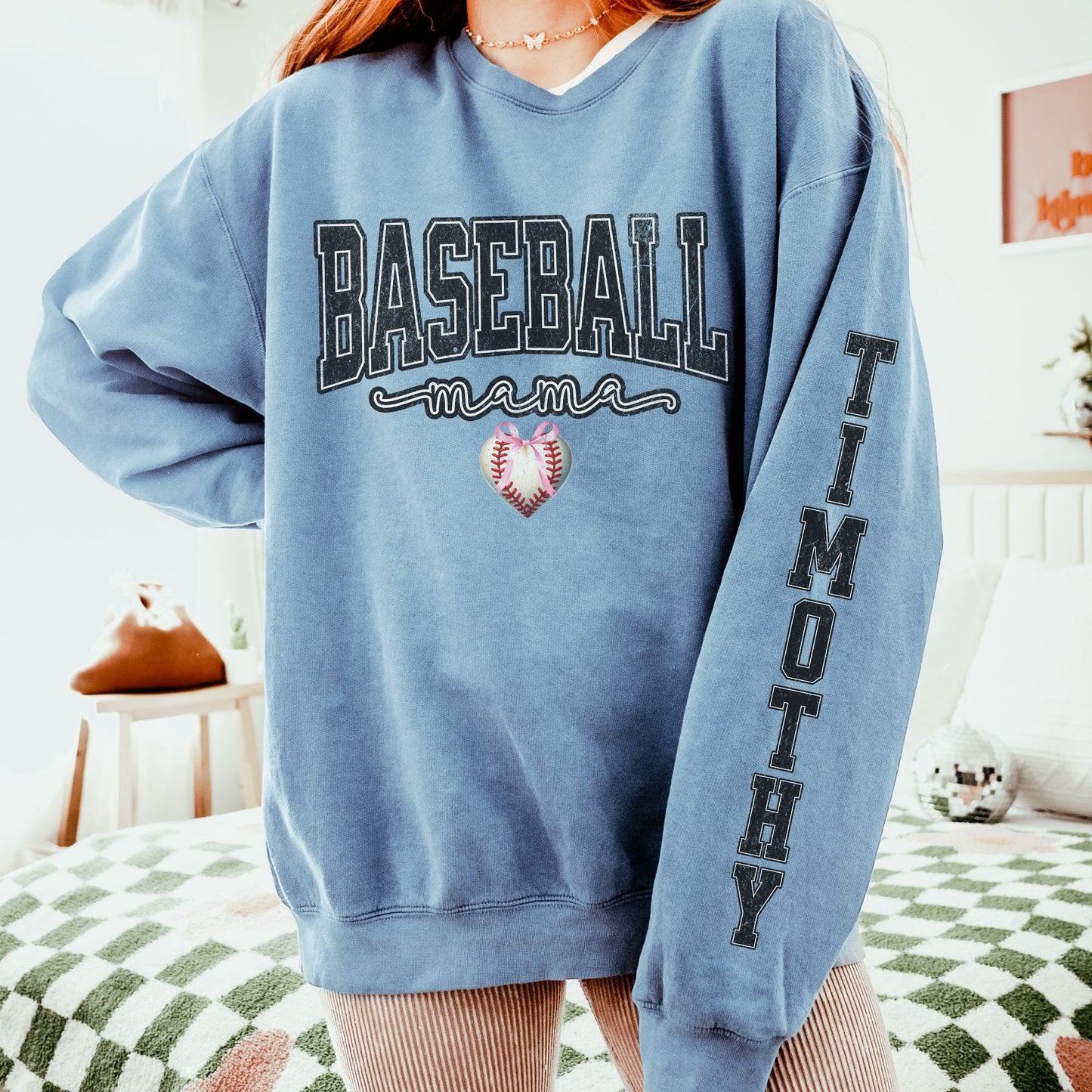 Coquette Custom Baseball Mom Sweatshirt With Kid Name On Sleeve