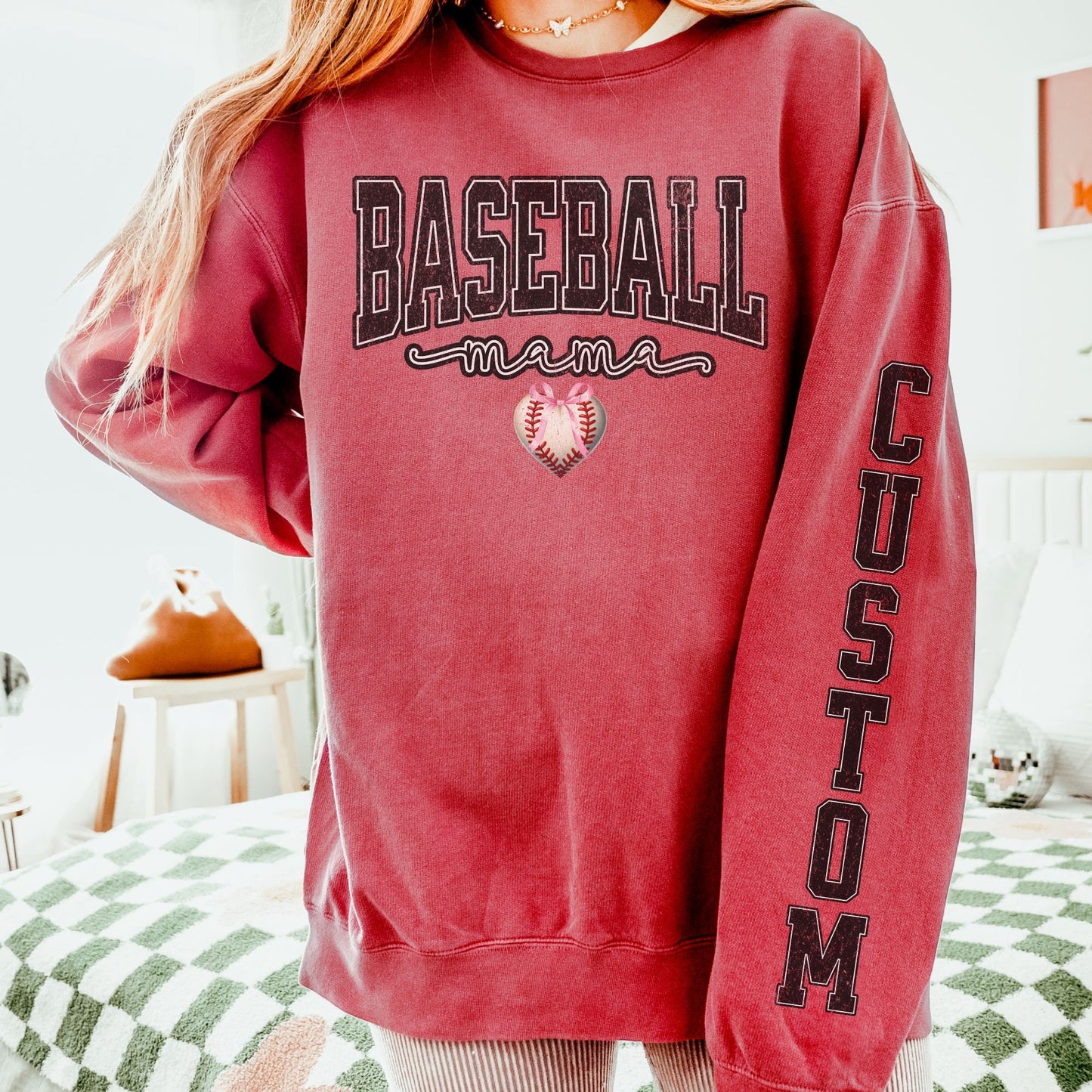 Coquette Custom Baseball Mom Sweatshirt With Kid Name On Sleeve