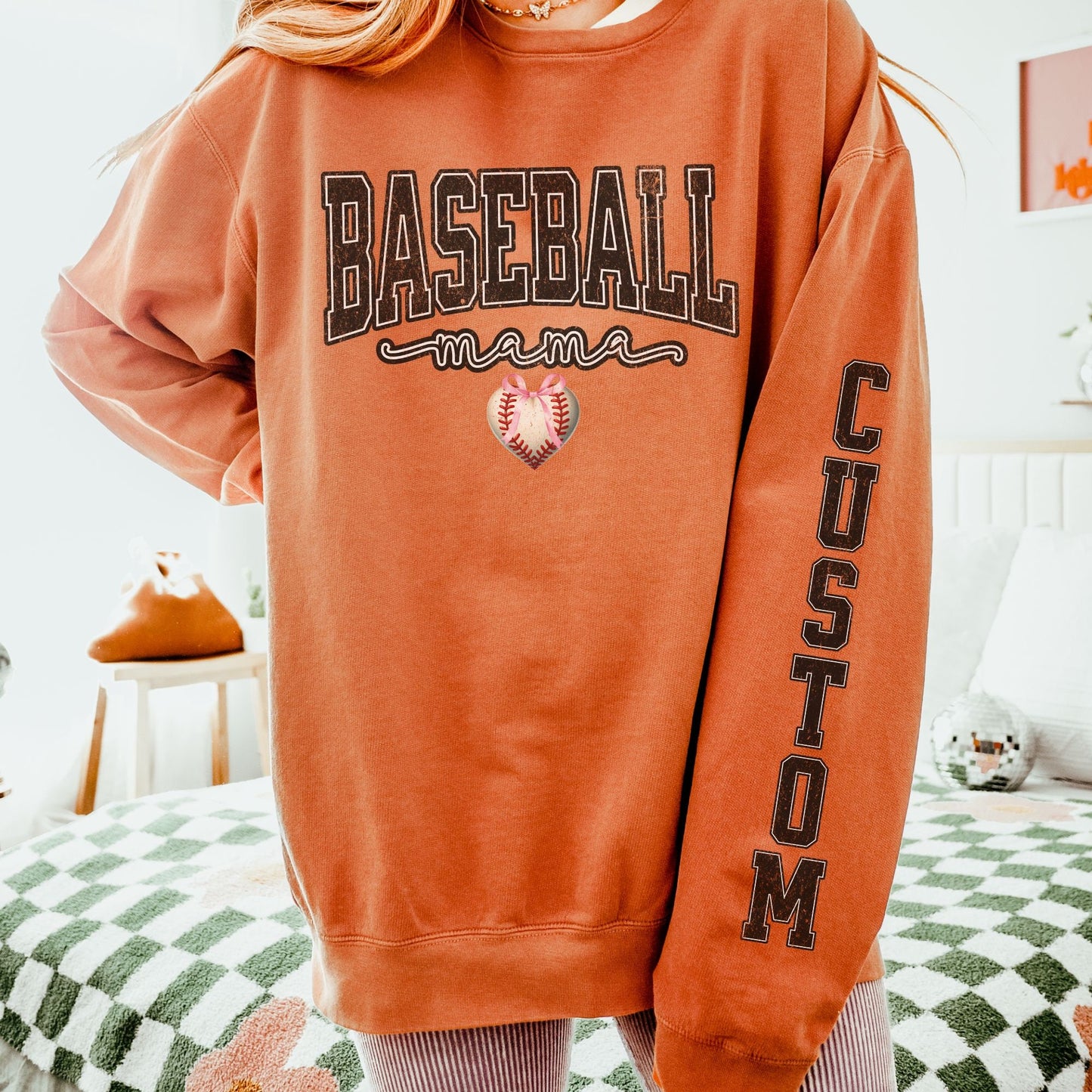 Coquette Custom Baseball Mom Sweatshirt With Kid Name On Sleeve