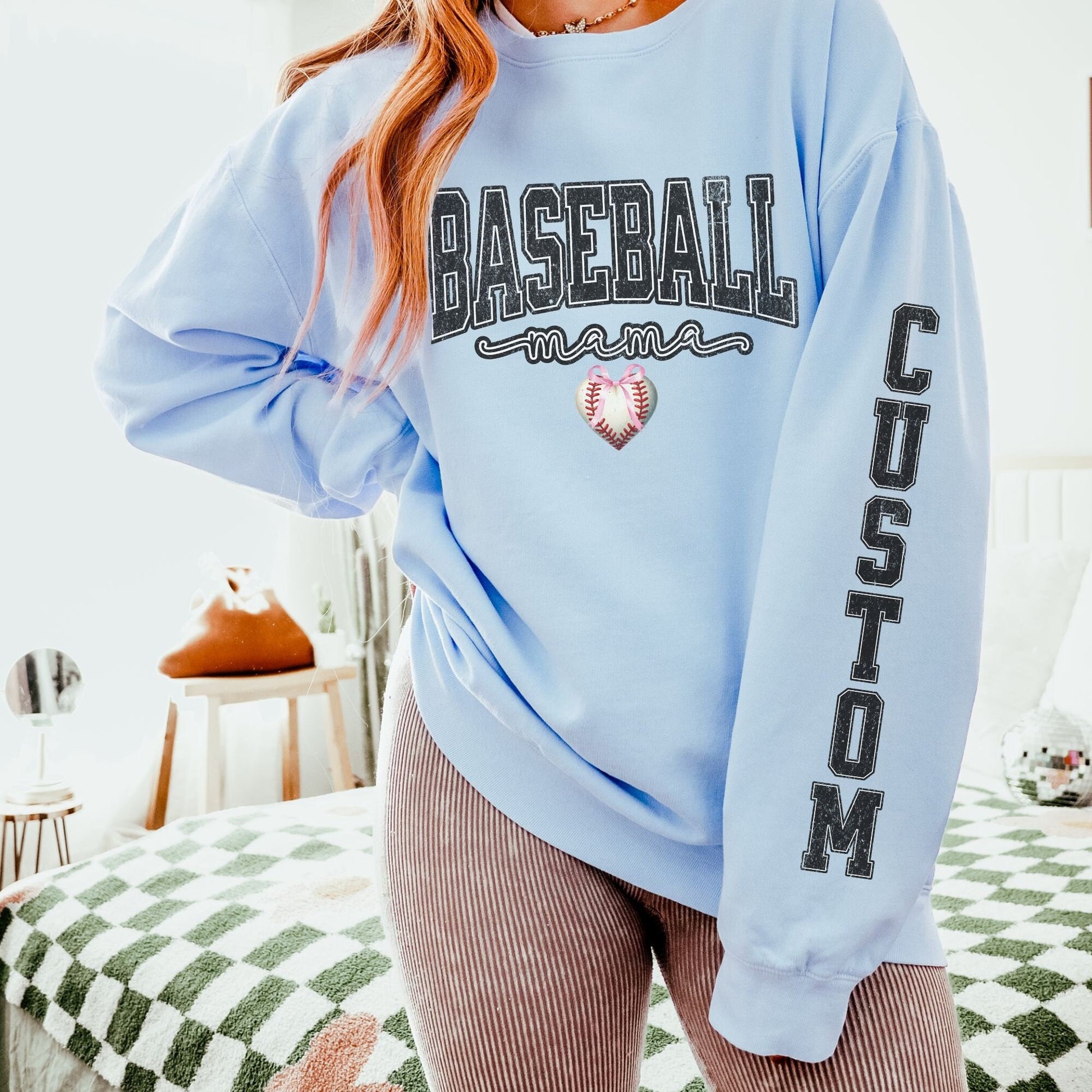 Coquette Custom Baseball mama Sweatshirt With Kid Name On Sleeve