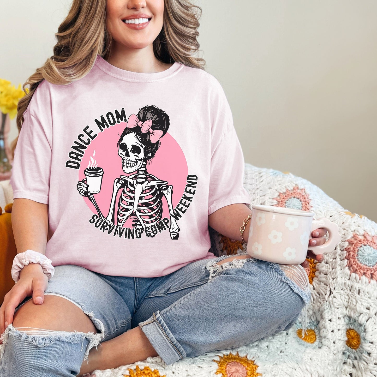 Comfort Colors Dance Mom Shirt - Retro Sunset Coquette Skeleton Pink