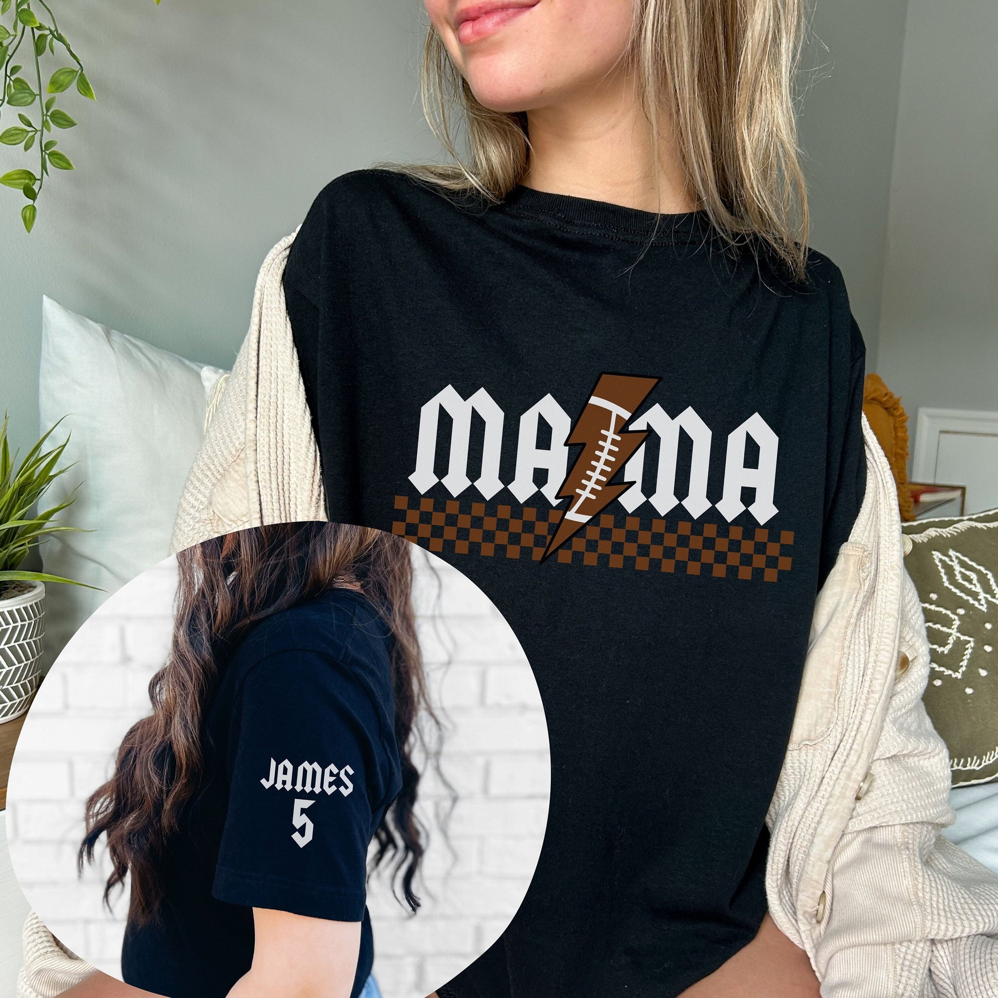 &quot;MAMA&quot; football lightning bolt Rocker themed shirt with custom name on short sleeve shirt