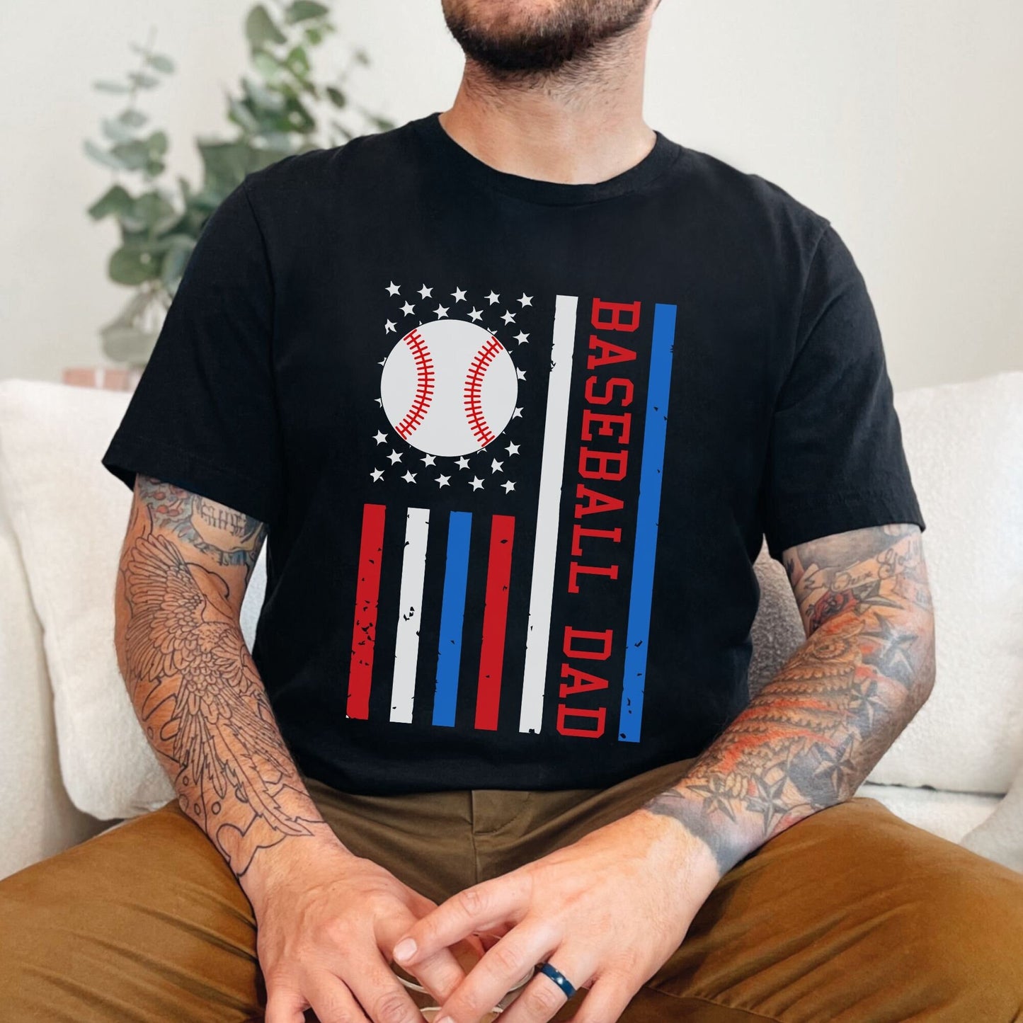 Patriotic flag in red, white, and blue with the words baseball dad