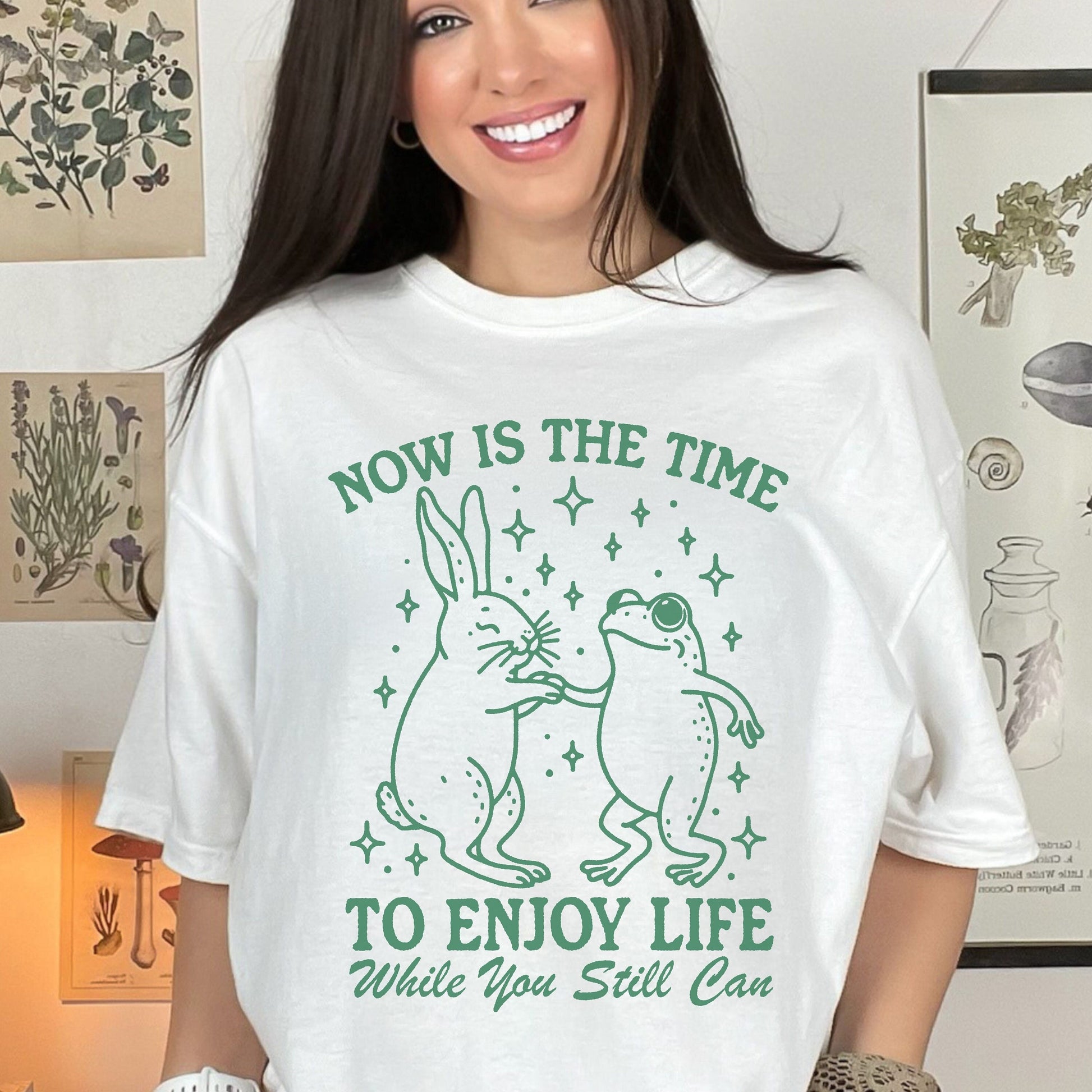 Rabbit and frog shirt that says &quot;Now is the time to enjoy life while you still can on the popular comfort colors shirt