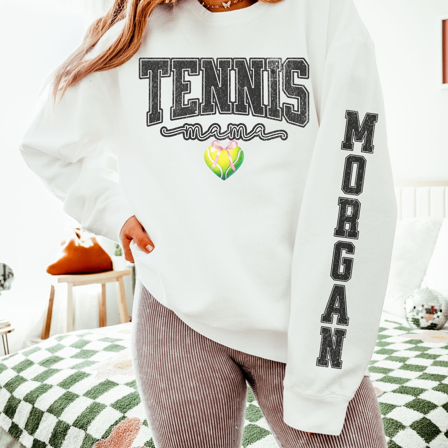 Coquette Custom Tennis Mom Sweatshirt With Kid Name On Sleeve