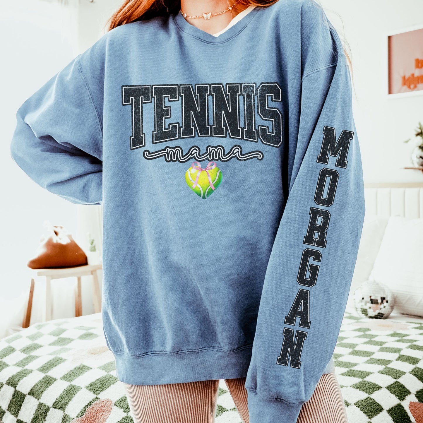 Coquette Custom Tennis Mom Sweatshirt With Kid Name On Sleeve