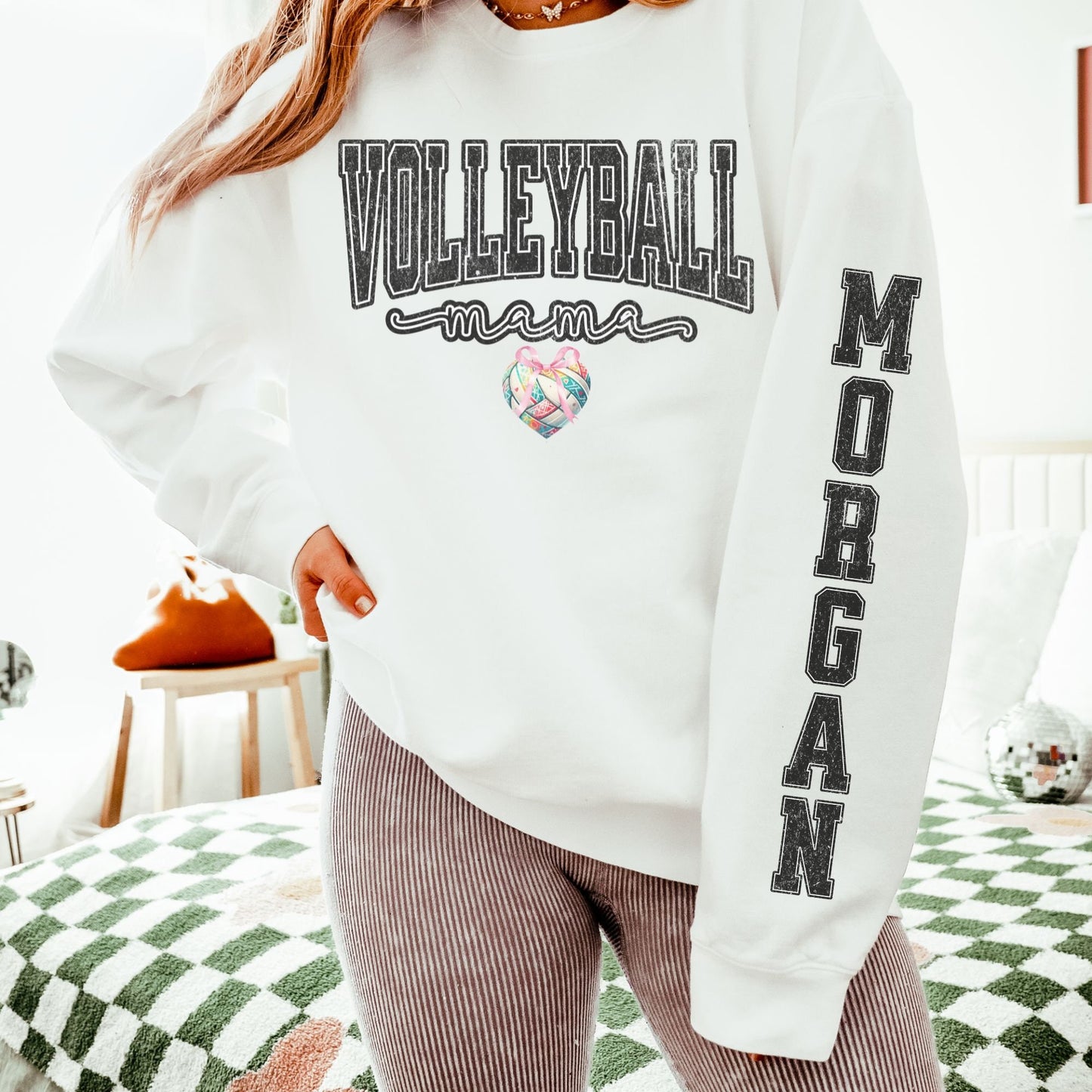 Coquette Varsity Style Retro Volleyball Mama Custom Sleeve Print Comfort Colors Sweatshirt