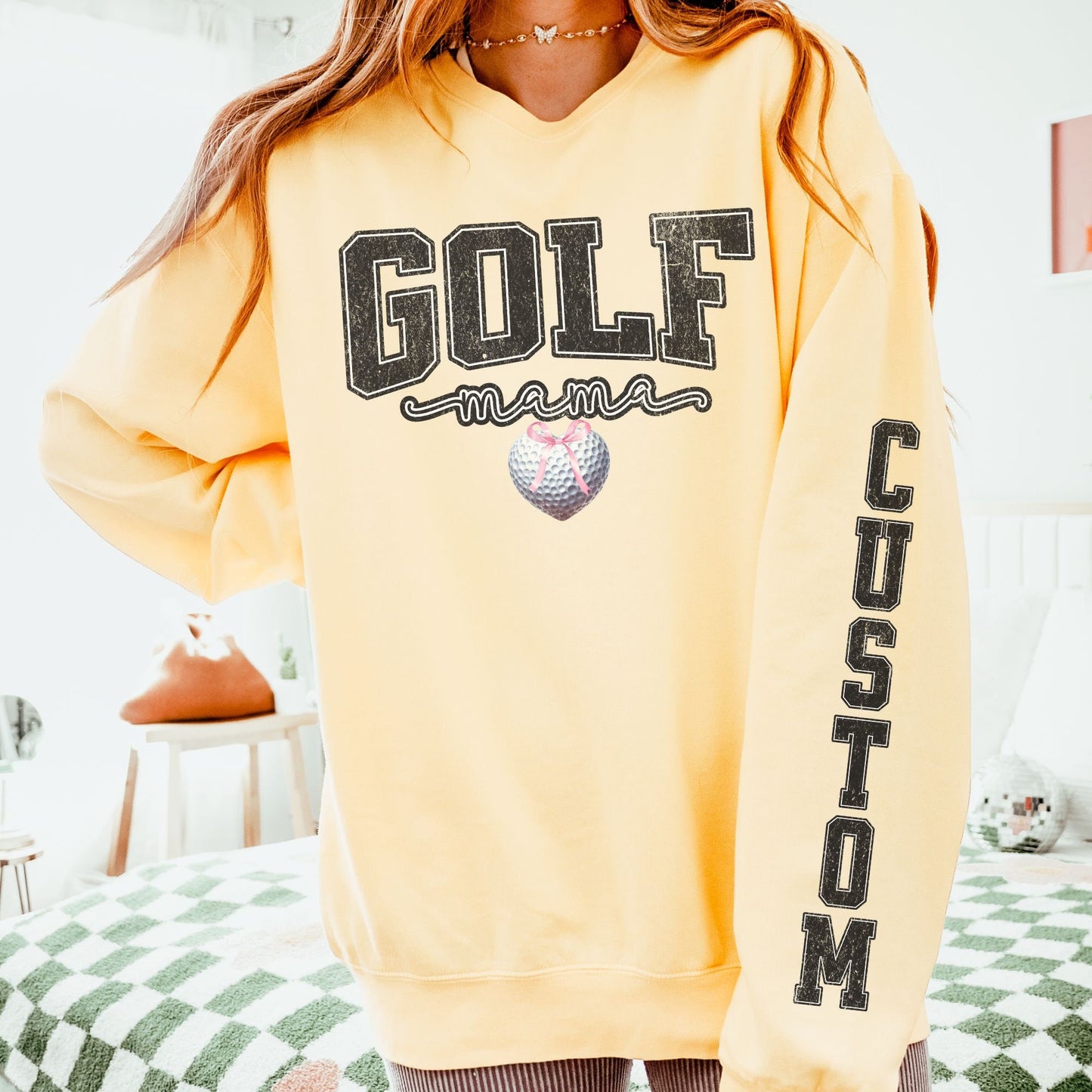 Coquette Custom Golf Mom Sweatshirt With Kid Name On Sleeve