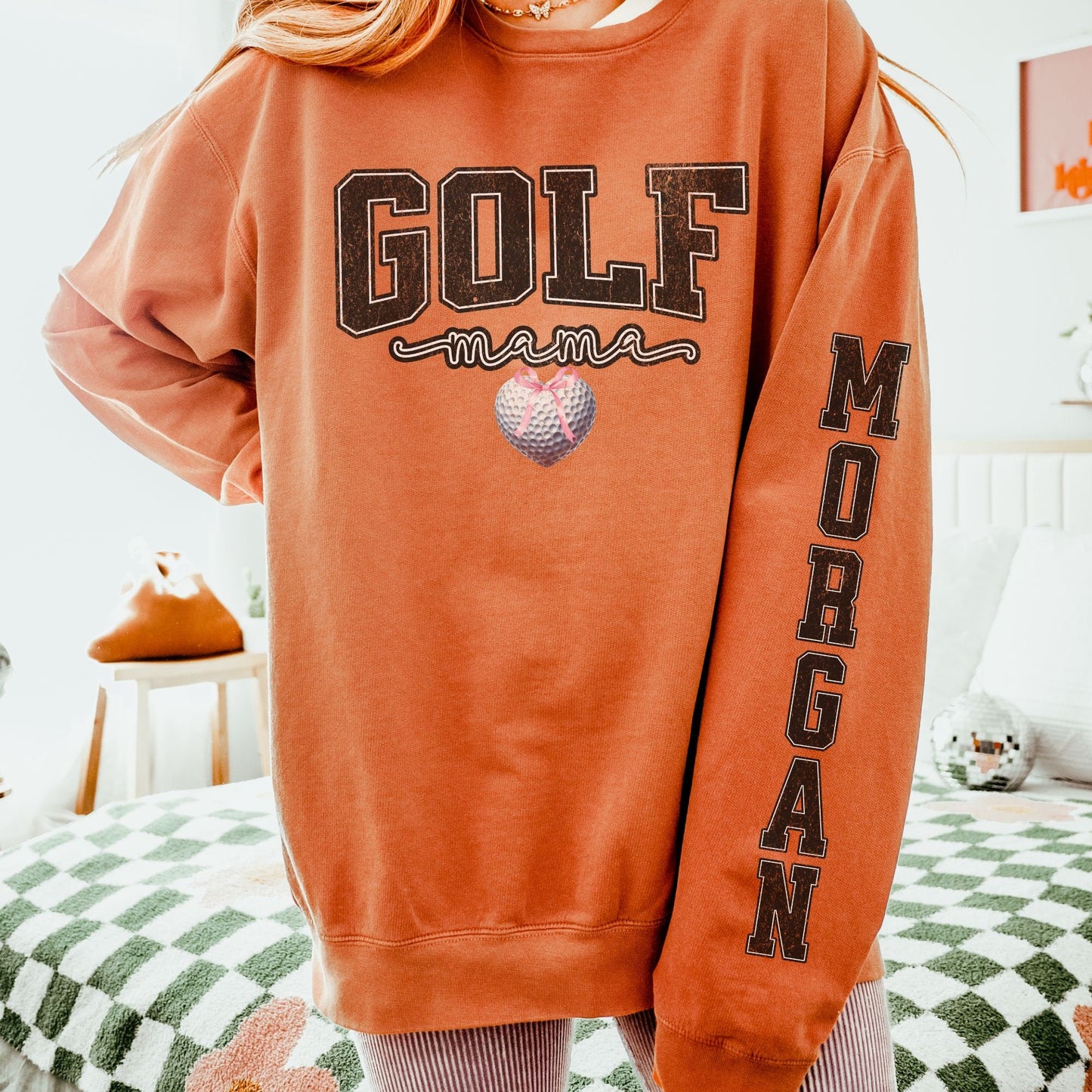 Coquette Custom Golf Mom Sweatshirt With Kid Name On Sleeve