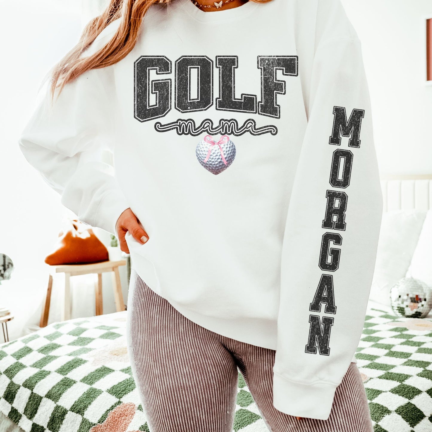 Coquette Custom Golf Mom Sweatshirt With Kid Name On Sleeve