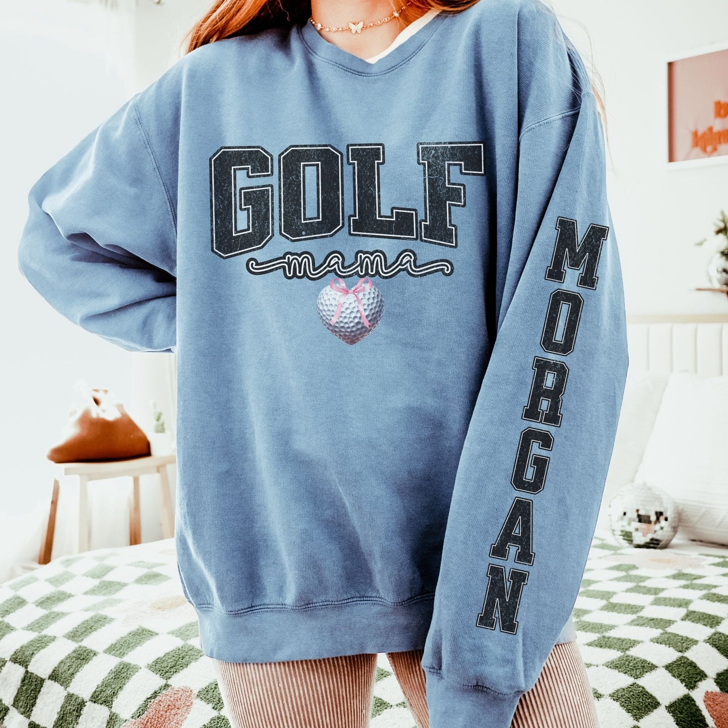 Coquette Custom Golf Mom Sweatshirt With Kid Name On Sleeve