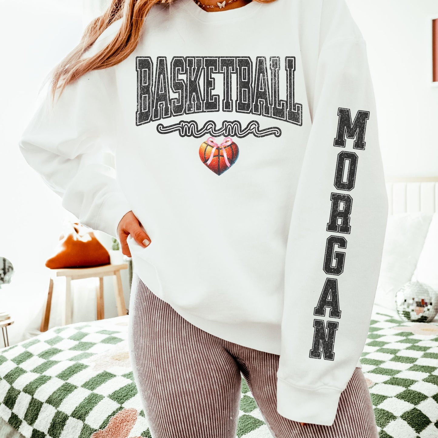 Coquette Custom Basketball Mom Sweatshirt With Kid Name On Sleeve