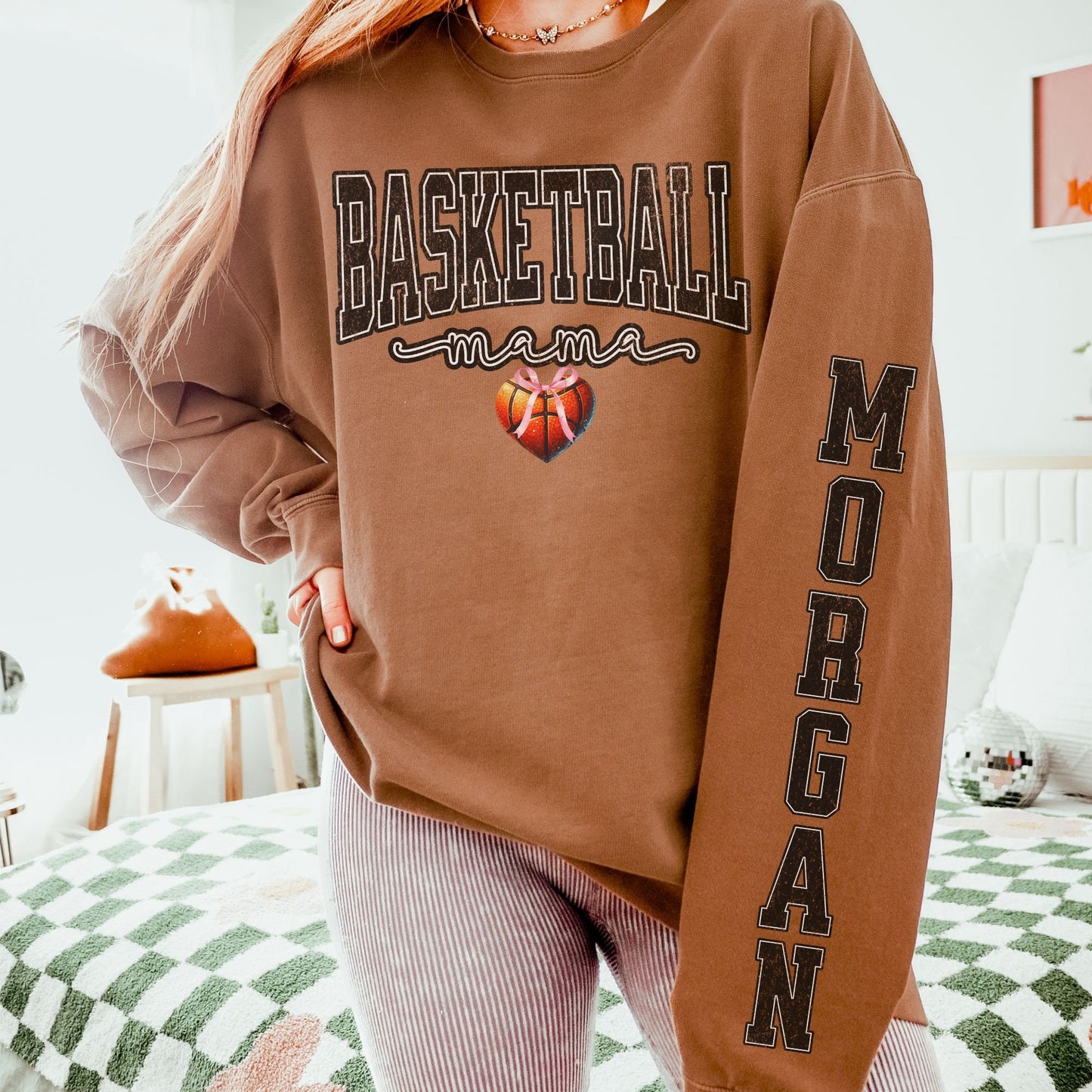 Coquette Custom Basketball Mom Sweatshirt With Kid Name On Sleeve