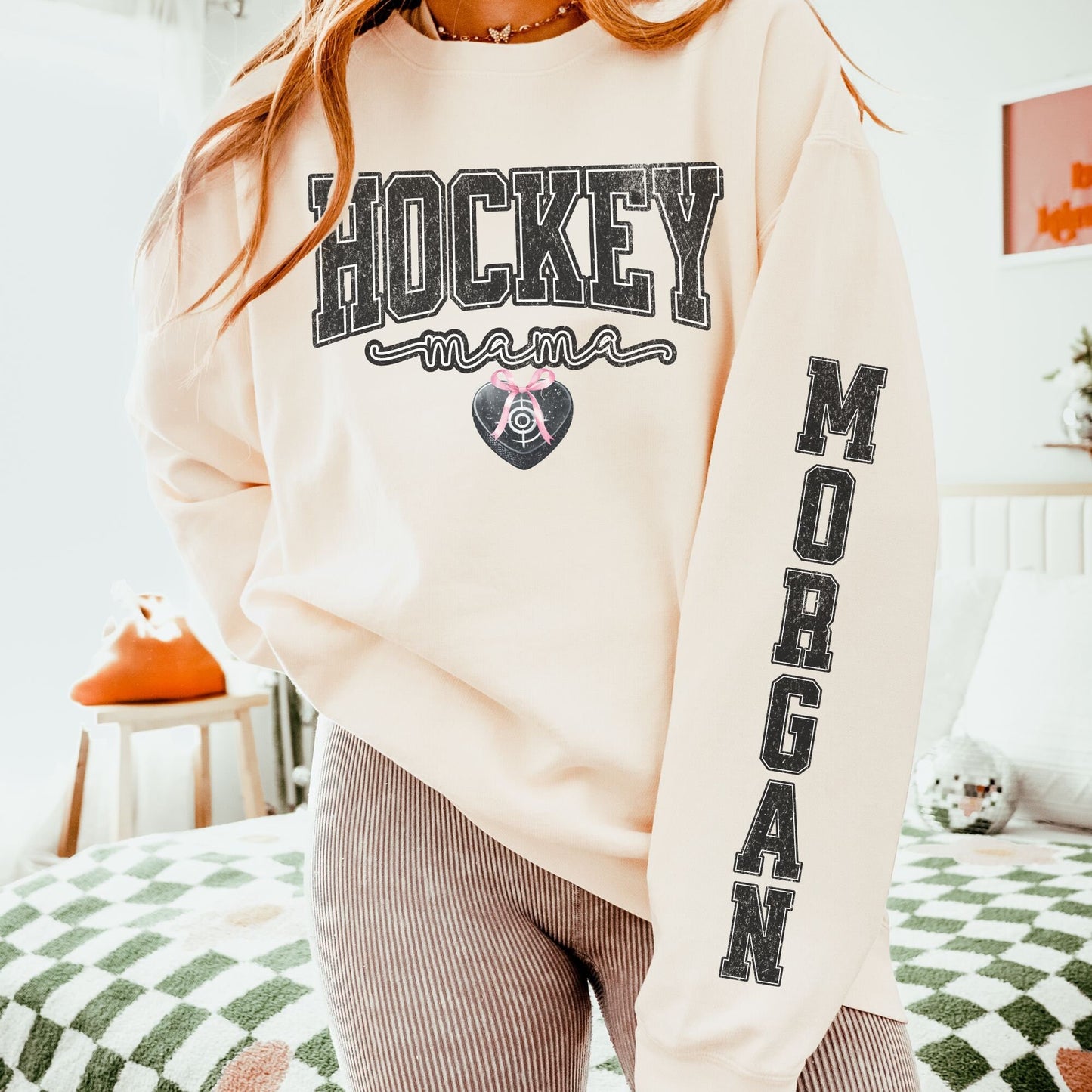 Coquette Custom Hockey Mom Sweatshirt With Kid Name On Sleeve