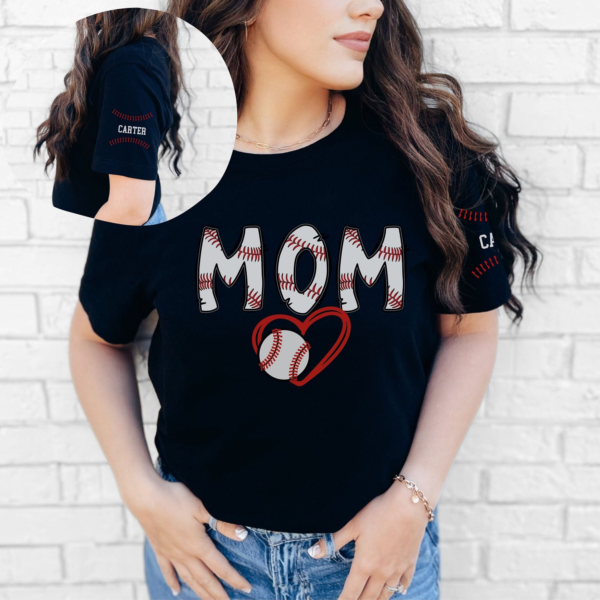 T-shirt with &quot;MOM&quot; in baseball font with a baseball and heart below. on left sleeve is players custom name.