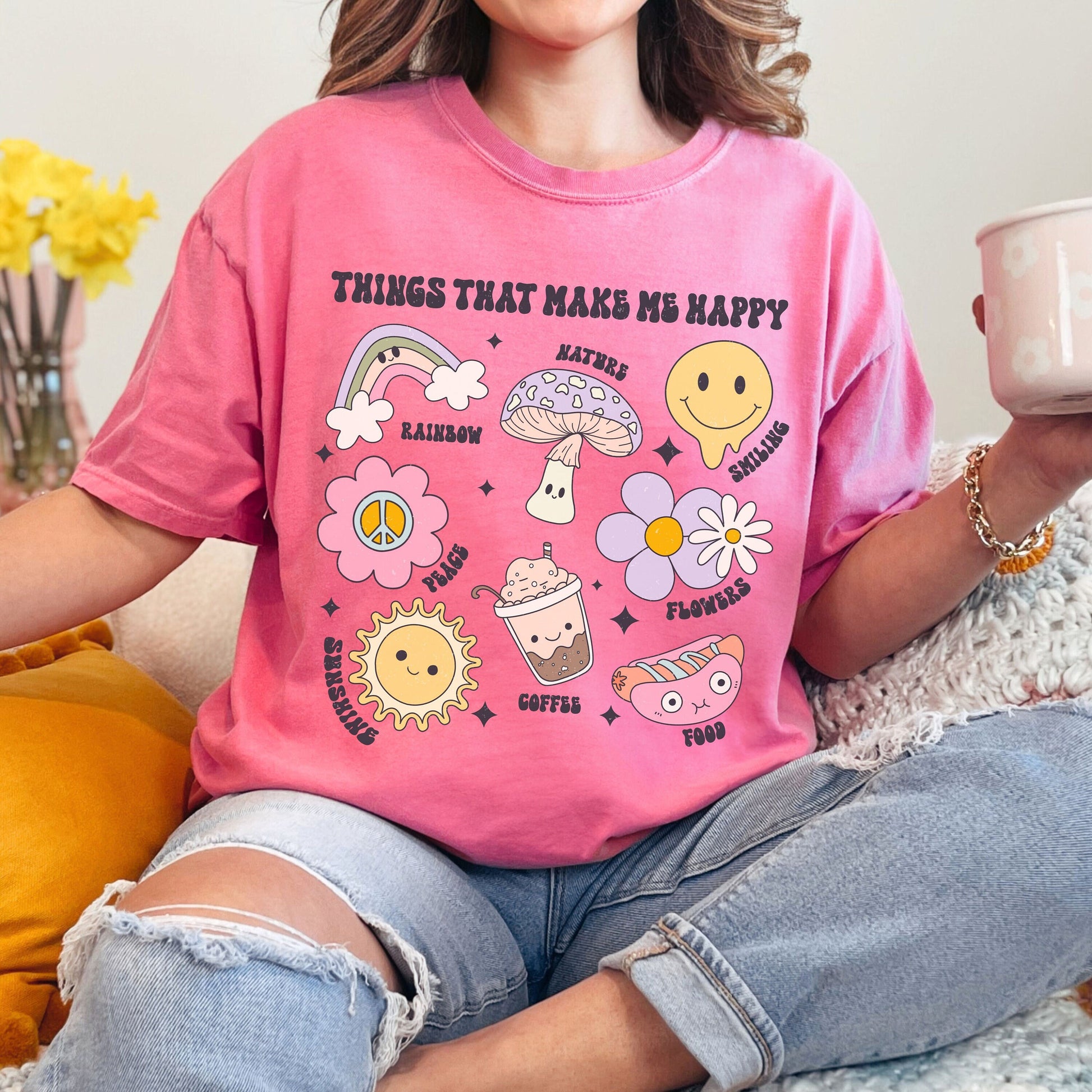 Groovy &quot;Things that make me happy&quot; mental health comfort colors shirt.