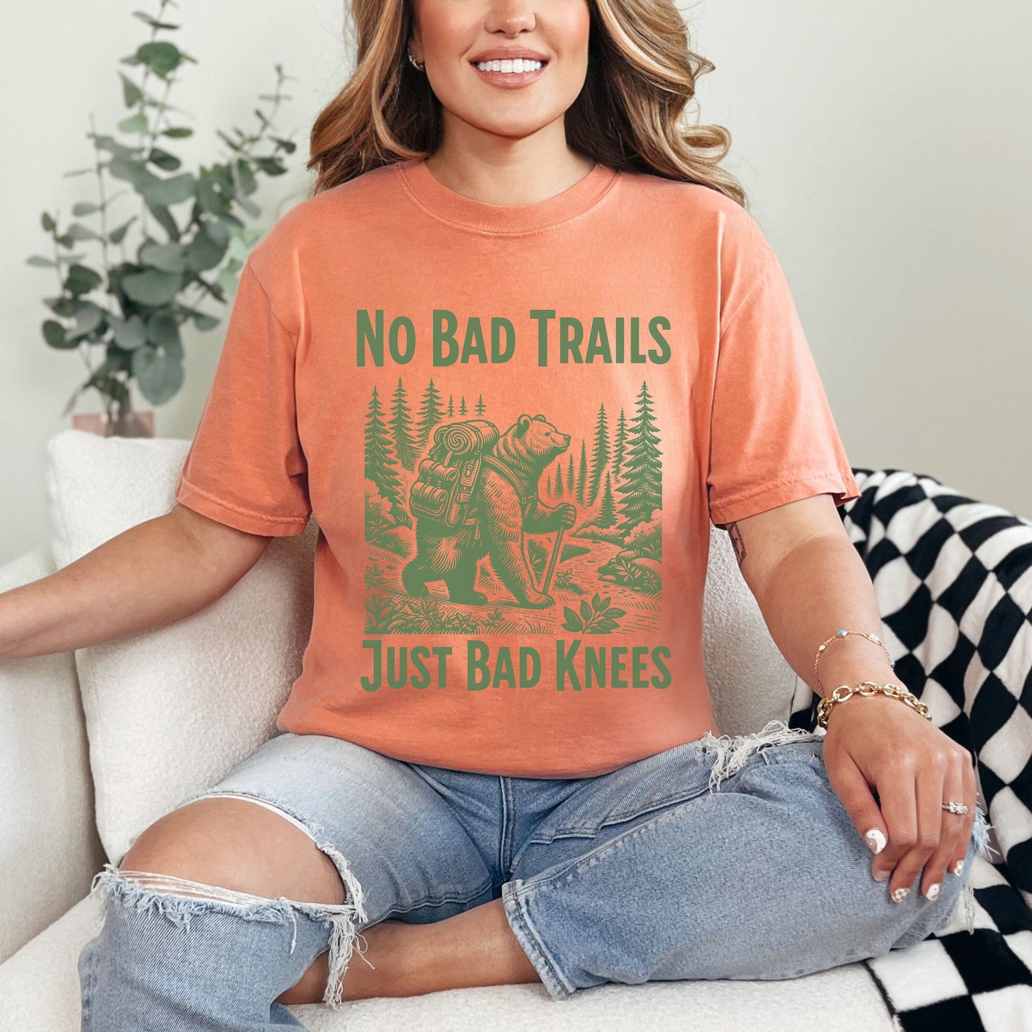 &quot;No Bad Trails Just Bad Knees&quot; Camping/Hiking Comfort Colors Shirt image of a bear hiking