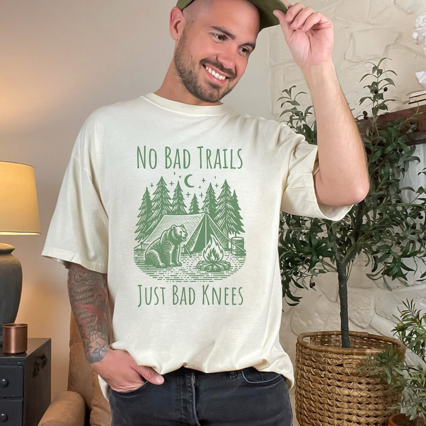 &quot;No Bad Trails Just Bad Knees&quot; Camping/Hiking Comfort Colors Shirt Image of a bear at a campsite