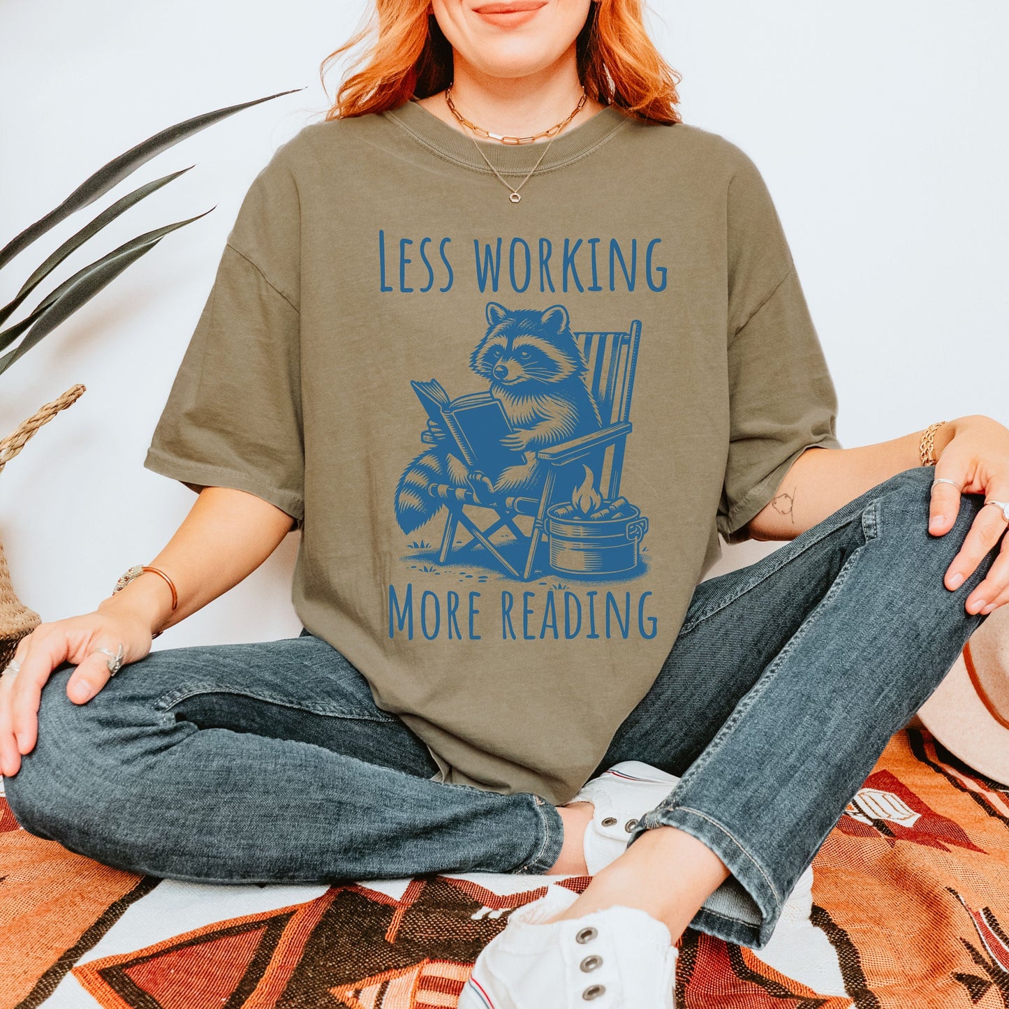 &quot;less working more reading&quot; funny raccoon reading a book comfort colors shirt.