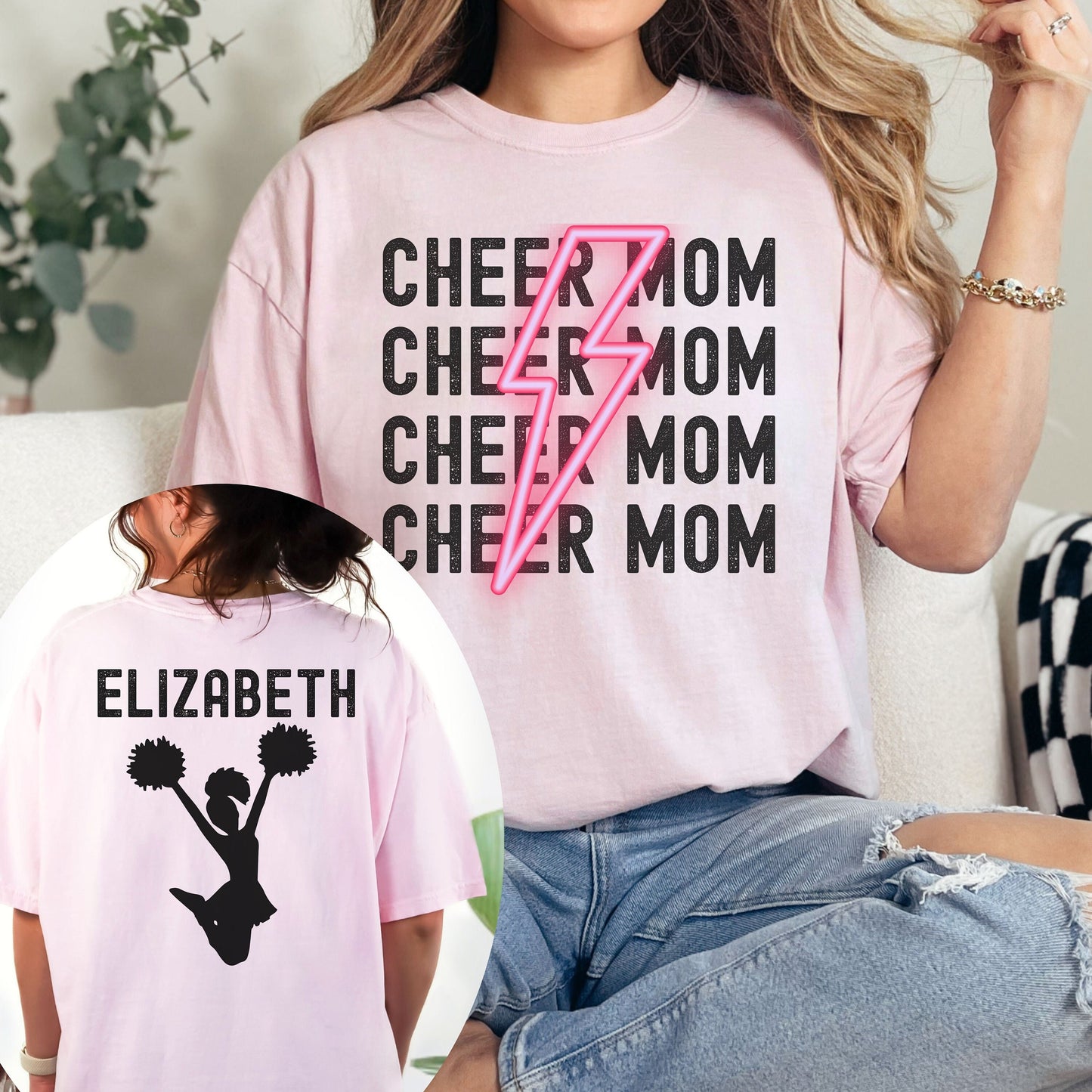 Custom Cheer Mom front back design with pink lightening bolt with custom name on the back on a Comfort colors shirt