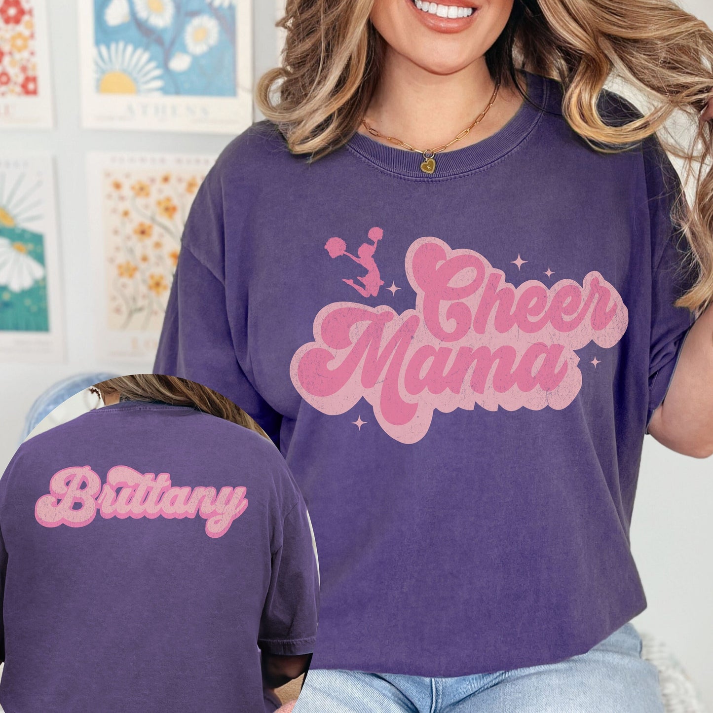 Retro Groovy Cheer Mama Custom name on back Comfort Colors Shirt