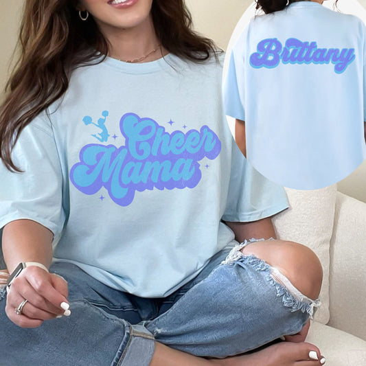 Custom Retro Groovy Distressed Cheer Mama with custom name on back on a Comfort Colors shirt